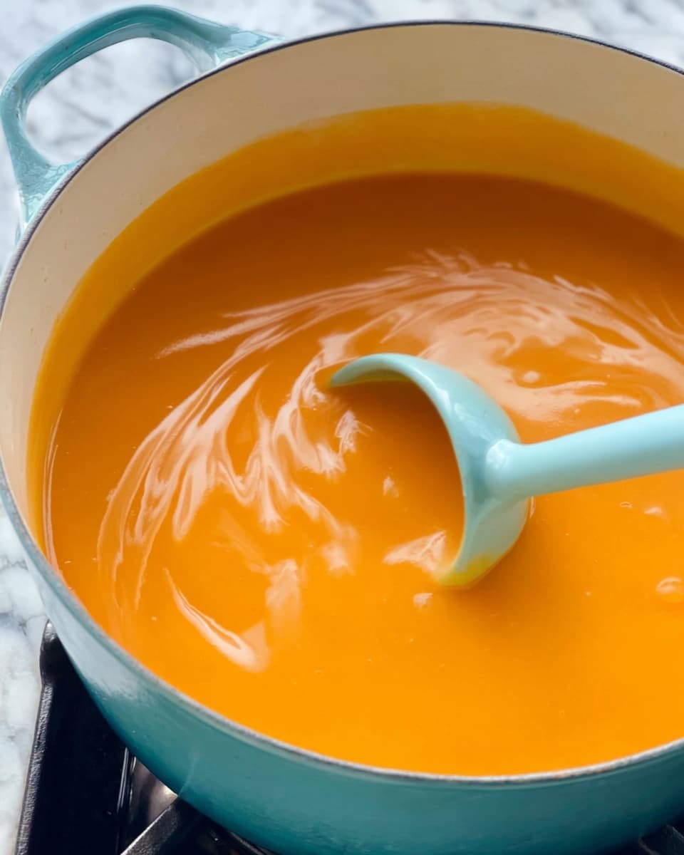 A close-up of a large light blue pot filled with bright orange soup that is being stirred with a matching light blue ladle, creating a gentle swirl and slight movement on the soup’s smooth surface. The pot’s white inner surface contrasts with the vibrant orange liquid, and the pot is placed on a black stove grate with a small part of the stovetop visible. The image is set against a white marbled texture background. photo taken with an iphone --ar 4:5 --v 7