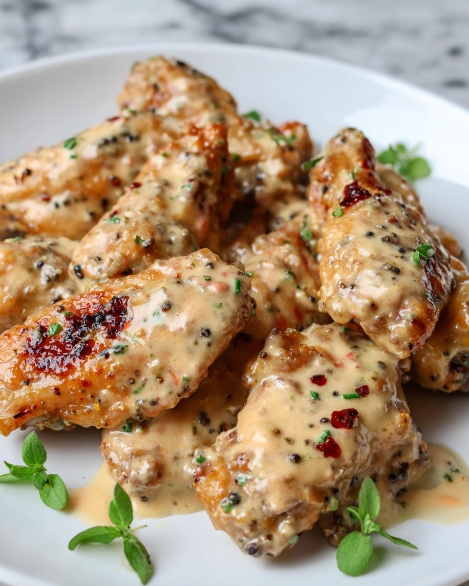 The image shows several pieces of chicken wings covered in a creamy sauce with visible herbs and spices, placed closely together on a white plate. The chicken pieces have a golden-brown color with charred spots, and the sauce is thick and textured, coating each wing generously. Small green leaves are scattered around the wings on the plate, adding a splash of color. The plate is set against a white marbled background. photo taken with an iphone --ar 4:5 --v 7