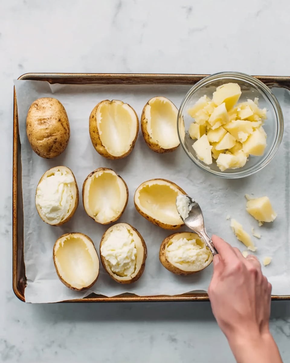 A baking tray lined with white parchment paper holds several halved potatoes. Six of the potatoes on the left side are whole with white interiors and golden-brown skins, while the six on the right are hollowed out with scooped centers indicating preparation for stuffing. A woman's hand is using a spoon to scoop out the insides from one of the potatoes on the right. Next to the tray on the right side is a clear glass bowl containing scooped-out potato pieces. The entire setup is on a white marbled surface. photo taken with an iphone --ar 4:5 --v 7