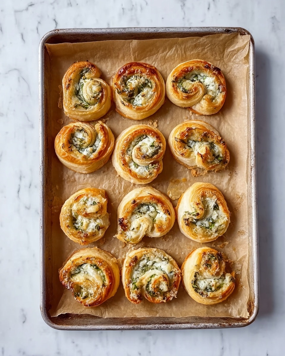 The image shows a metal baking tray lined with light brown parchment paper, placed on a white marbled surface. On the tray, there are twelve golden-brown puff pastry swirls arranged in a grid of three rows and four columns. Each pastry swirl has a spiral shape with visible layers of flaky dough and a creamy light green filling that looks smooth and evenly spread inside the swirls. The pastries have a slightly crispy texture with some darker browned edges. The overall look is warm and inviting, with the contrast between the golden dough and the soft green filling clearly visible. photo taken with an iphone --ar 4:5 --v 7