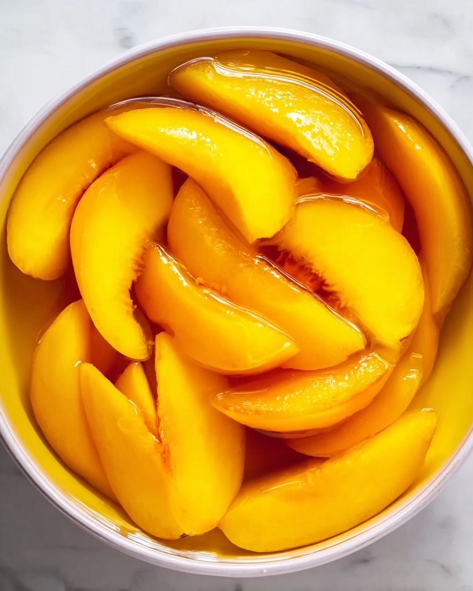 The image shows many bright yellow-orange peach slices placed inside a white bowl, filled with a clear syrupy liquid that makes the peach slices look shiny and wet. The peach slices appear soft, thick, and smooth, closely packed together in the bowl. The bowl rests on a white marbled surface, which adds a clean and fresh feeling to the image. photo taken with an iphone --ar 4:5 --v 7