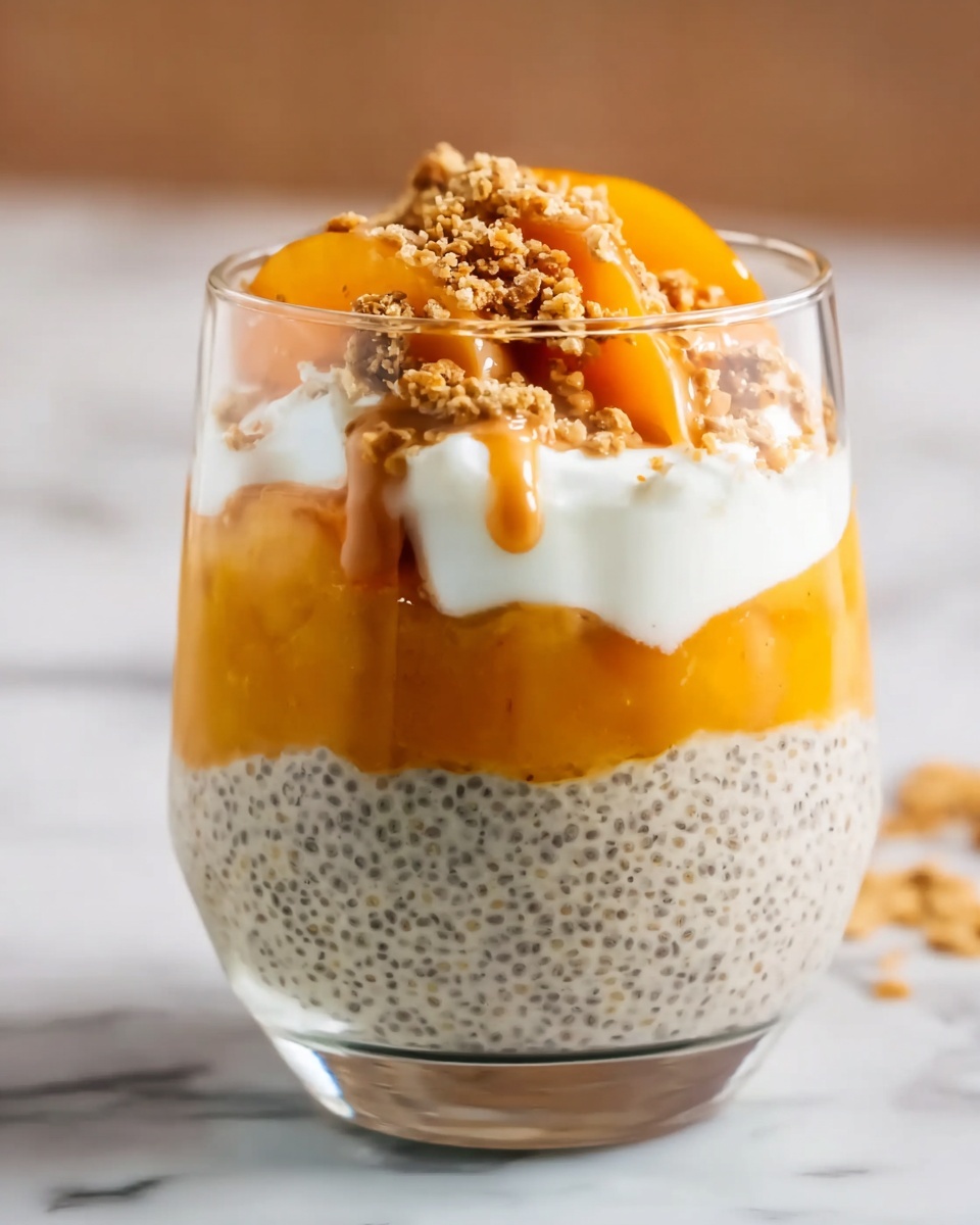 The image shows a close-up of a clear glass filled with creamy white yogurt as the bottom layer. On top of the yogurt is a layer of golden-brown crunchy granola pieces scattered unevenly. Over the granola, there is a swirl of bright orange syrup drizzled across the yogurt and granola. A silver spoon holds a scoop of the yogurt mixed with chia seeds and a slice of soft orange peach, topped with a dollop of white whipped cream and more orange syrup dripping down the side. The glass rests on a white marbled surface with a blurred background showing more similar glasses and round cookies. The photo was taken with an iphone --ar 4:5 --v 7