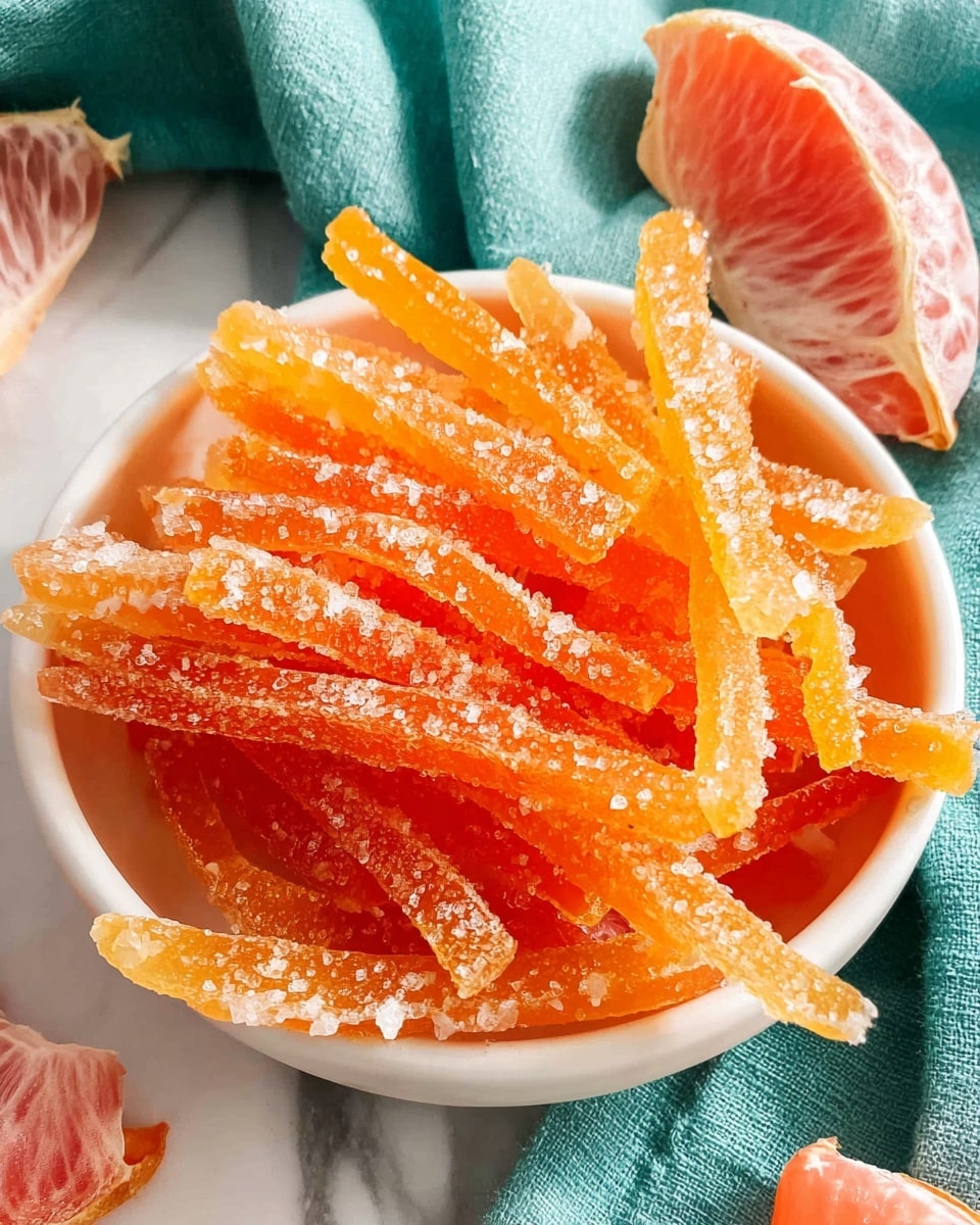 A white bowl with a light brown rim holds a pile of orange-colored candied grapefruit peels coated with white sugar crystals. The peels are stick-shaped with a slightly translucent texture and stacked somewhat unevenly. Surrounding the bowl, there are bright pink grapefruit segments and green textured cloth on a white marbled surface. The image shows bright, natural light highlighting the sugary texture of the peels photo taken with an iphone --ar 4:5 --v 7