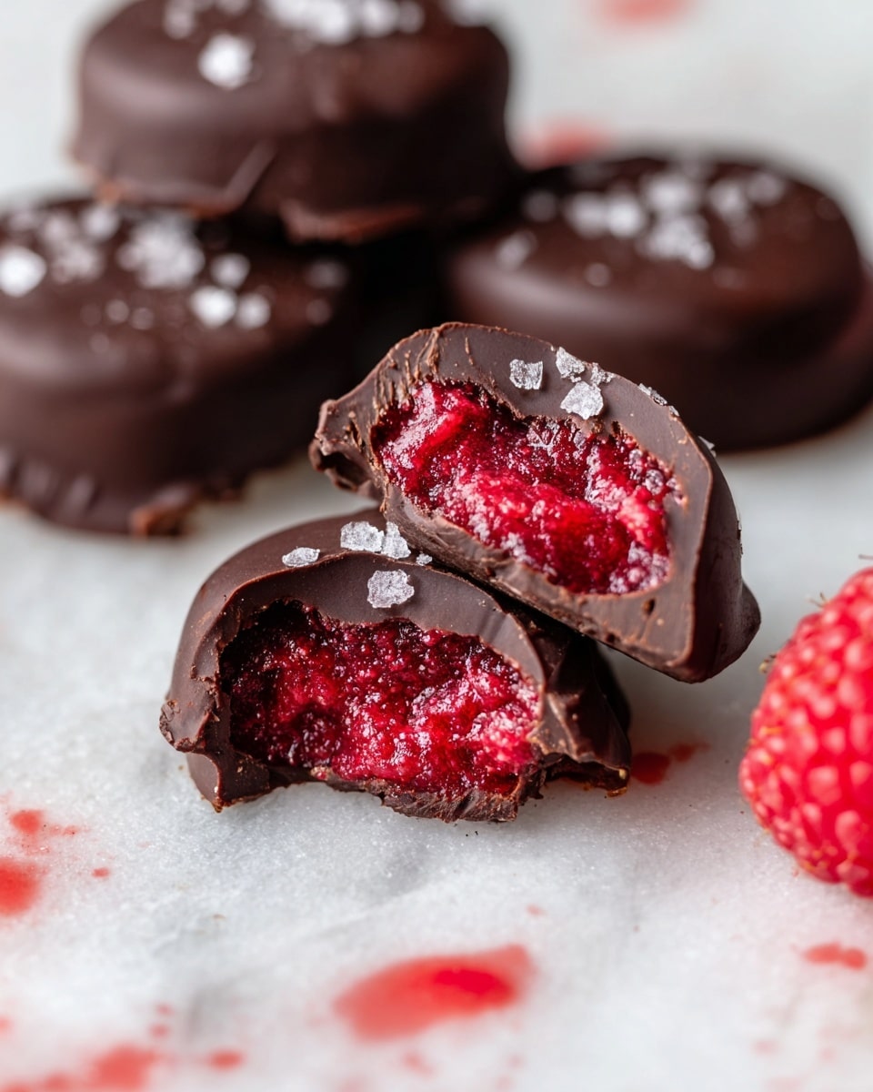 The image shows round dark chocolate pieces with a rough texture and flakes of salt on top, resting directly on a white marbled surface with some red raspberry juice stains. One piece is broken in half, revealing a bright red, crumbly raspberry filling inside with a moist texture. The dark chocolate outer layer is thick and smooth, forming a shell around the vibrant red center. The background has a soft focus on more chocolate pieces and a fresh whole raspberry to the right. Photo taken with an iphone --ar 4:5 --v 7