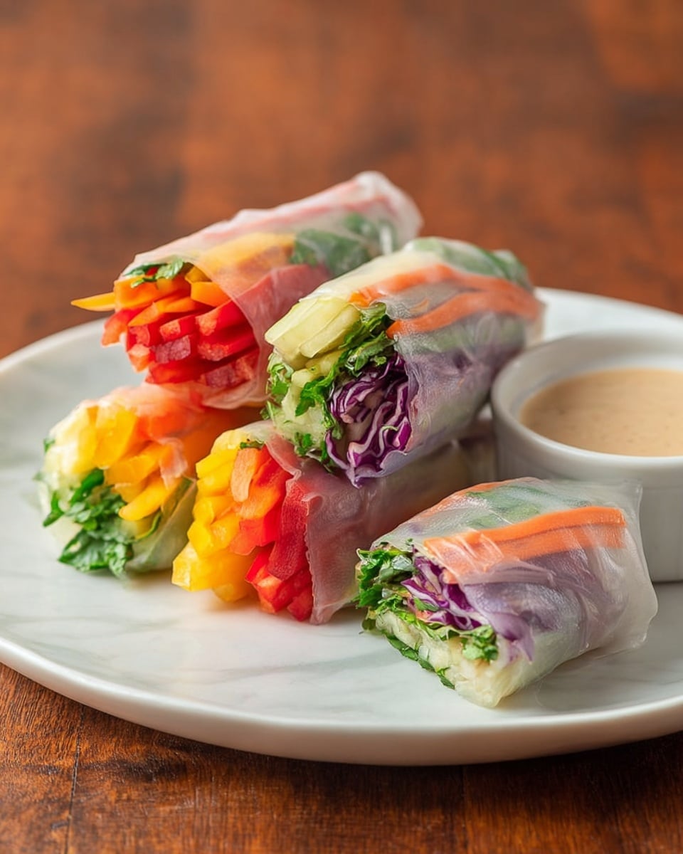 The image shows a white plate on a white marbled surface, holding four fresh spring rolls made with translucent rice paper. Each roll has visible layers of bright, colorful vegetables: red, orange, and yellow bell pepper strips, green leafy herbs, and purple cabbage. One roll is cut in half, showing a clear cross-section of the vibrant vegetable layers stacked tightly inside. A small white dish beside the rolls contains creamy beige dipping sauce. The background is slightly blurred with warm brown wood tones. Photo taken with an iphone --ar 4:5 --v 7
