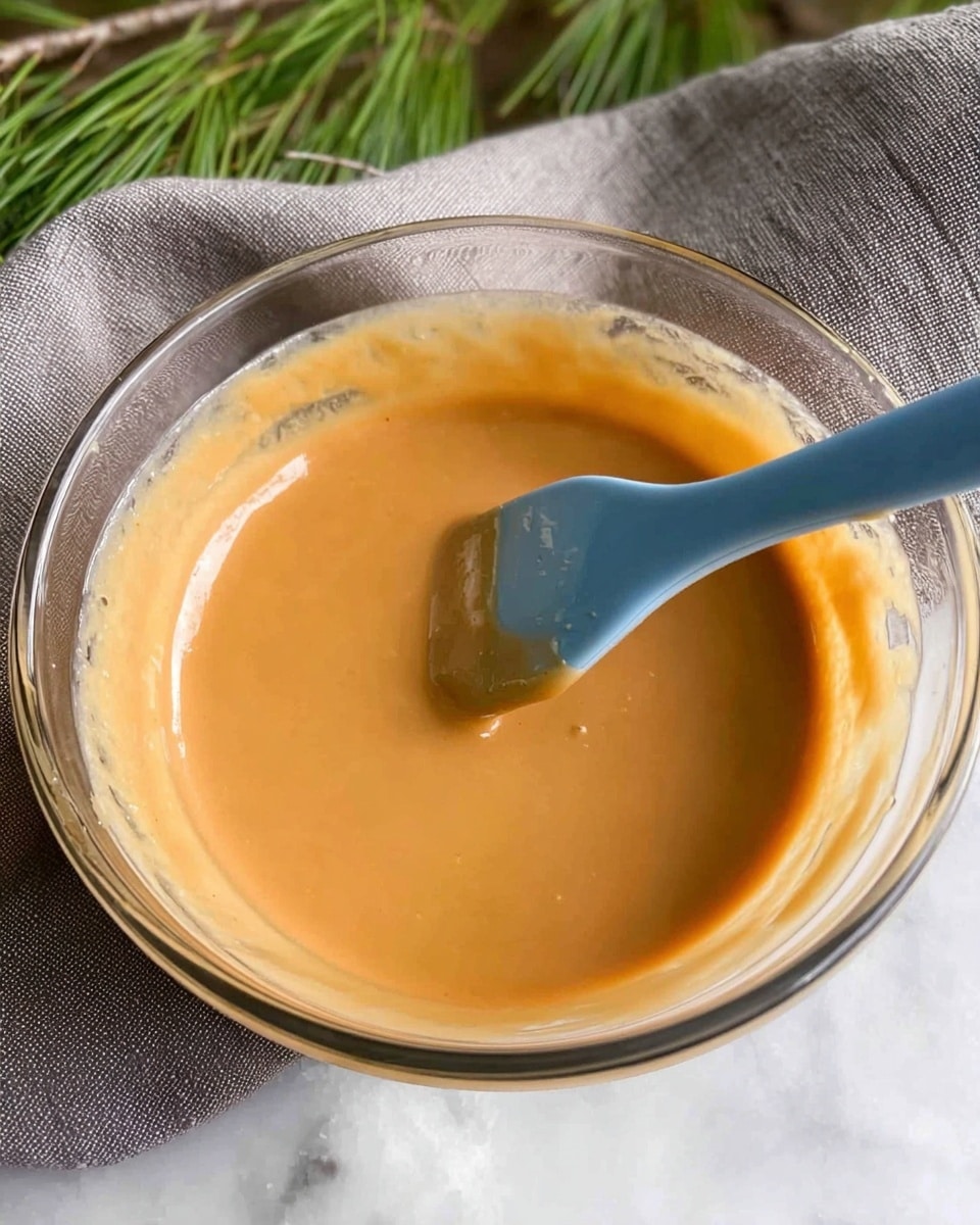 A clear glass bowl filled with smooth, light brown sauce sits on a white marbled surface partially covered by a grey cloth. Inside the bowl, a blue spatula is dipped into the sauce, with a small amount of sauce gathered on the spatula’s flat end. The sauce has a creamy texture and the rim of the bowl shows some sauce residue. Green pine-like leaves lie near the cloth in the background. Photo taken with an iphone --ar 4:5 --v 7