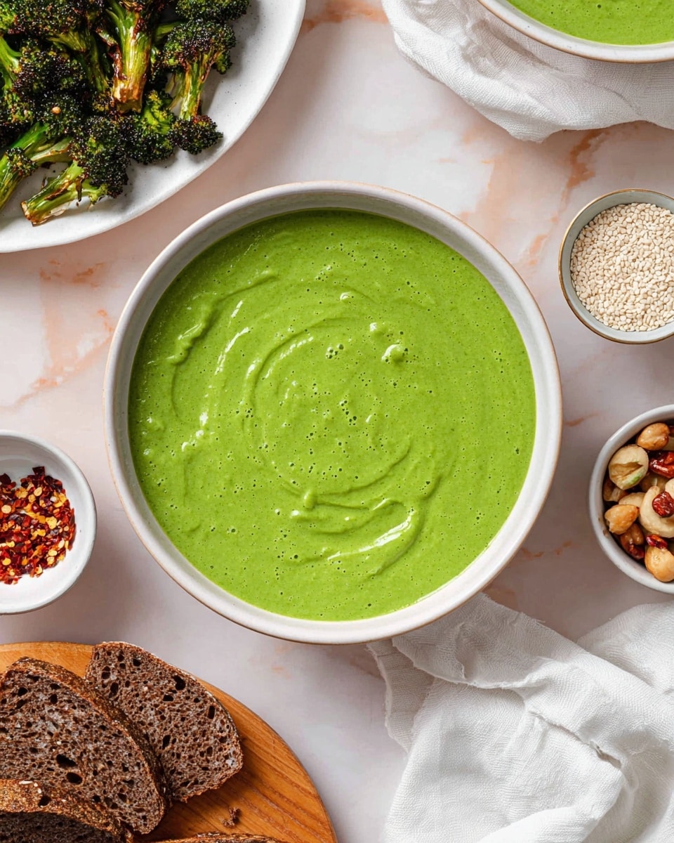 The image shows a large white bowl filled with smooth, bright green soup with a slightly creamy texture and a few small swirls on top. To the top left, there is a white plate with roasted broccoli that is vibrant dark green with some browned edges, giving it a crispy look. Nearby, a small white bowl contains white sesame seeds. At the bottom left, there is a wooden board with dark brown slices of bread having a rough texture and some holes. A small white bowl with red chili flakes is partially visible near the bread. To the right bottom corner, there is a white cloth napkin with soft folds, and a small bowl with some mixed nuts or legumes. The background has a white marbled texture, creating a clean setting. Photo taken with an iphone --ar 4:5 --v 7