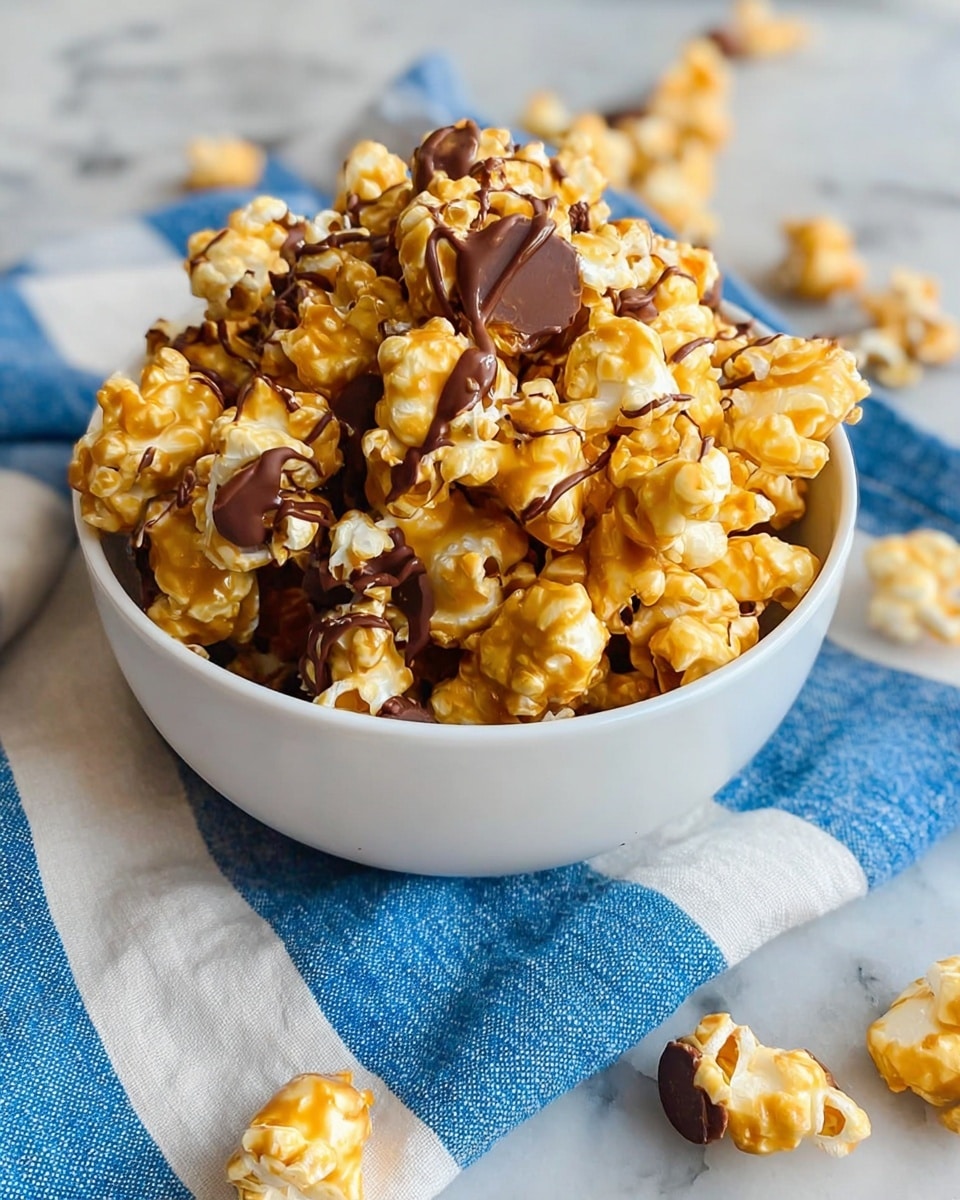 The image shows a close-up of caramel popcorn spread out on a clear sheet, with thick layers of glossy caramel coating the popcorn pieces giving them a rich golden brown color. Over the caramel popcorn, there are thick drizzles of smooth, melted chocolate that create a swirled dark brown texture contrasting the shiny caramel. To the left, a small piece of popcorn sits next to a folded blue and white striped cloth, all set on a white marbled surface. photo taken with an iphone --ar 4:5 --v 7