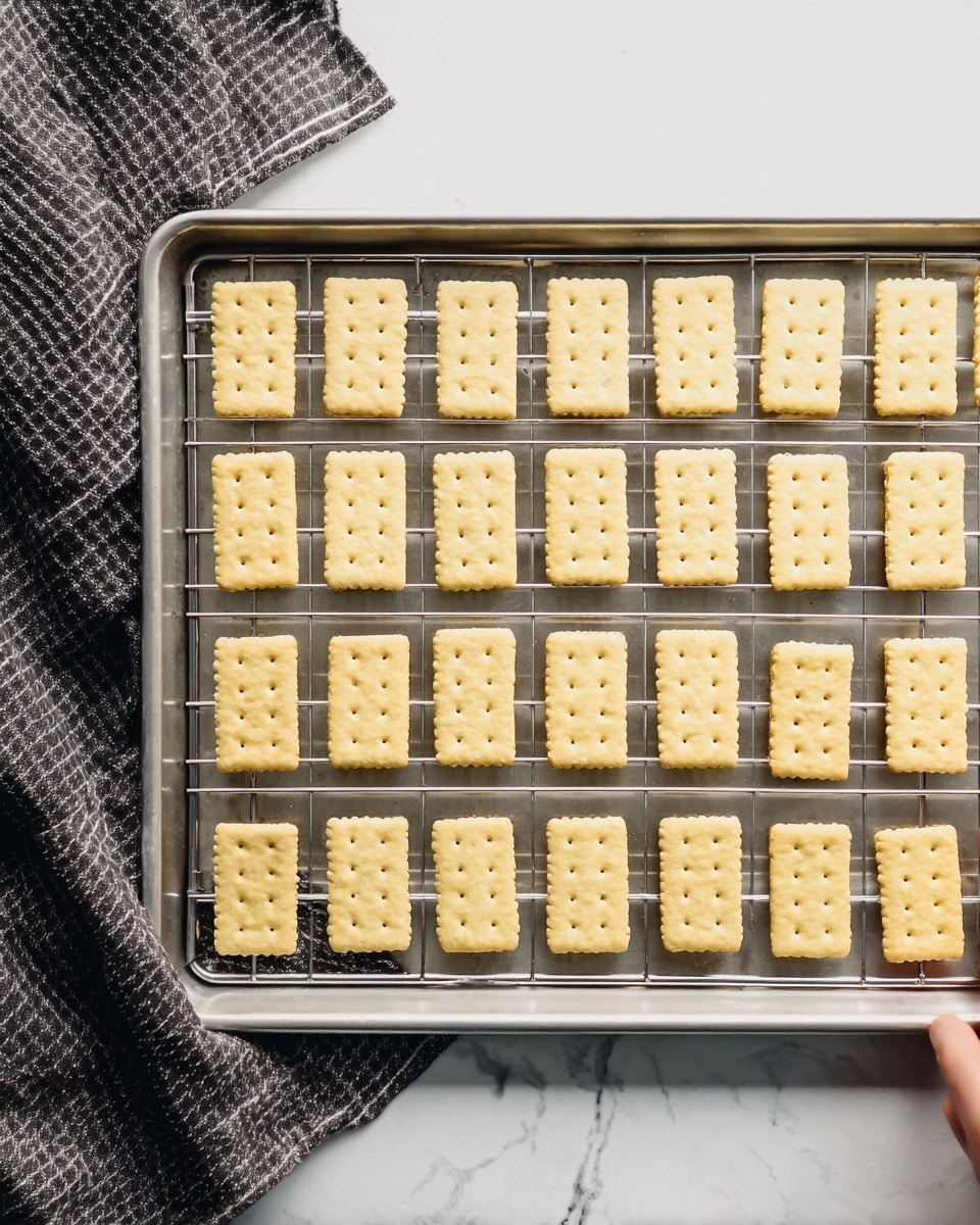 The image shows a metal baking tray with a cooling rack holding 30 evenly spaced rectangular crackers arranged in a grid. The crackers are pale yellow with small holes in a pattern on their surface. The tray is on a white marbled texture surface, and to the left of the tray is a dark gray striped cloth. A woman's hand is just out of frame in the top left corner. Photo taken with an iphone --ar 4:5 --v 7