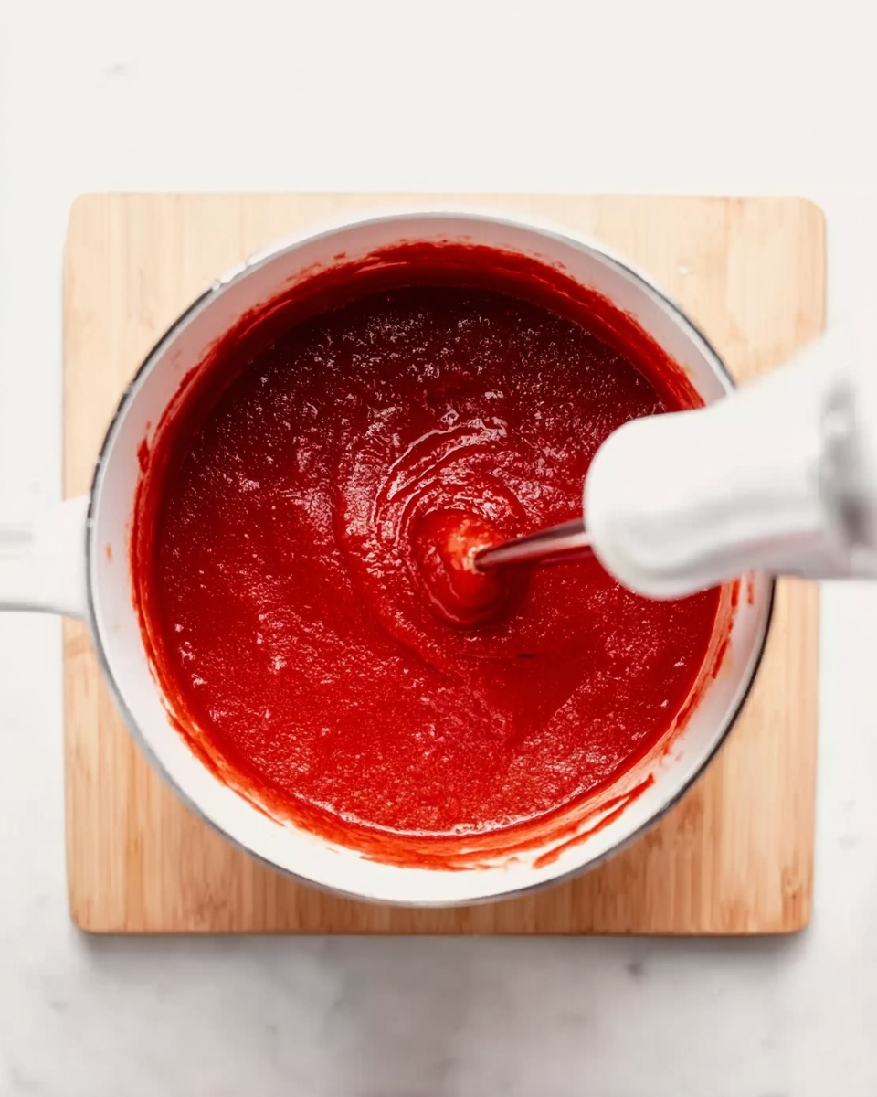 A white pot filled with thick, bright red sauce being blended by a white blender stick from the top view. The pot is placed on a light wooden square board, set against a white marbled background. The sauce has a smooth, slightly chunky texture with visible small bits, and the motion of the blender is creating swirls in the sauce. photo taken with an iphone --ar 4:5 --v 7