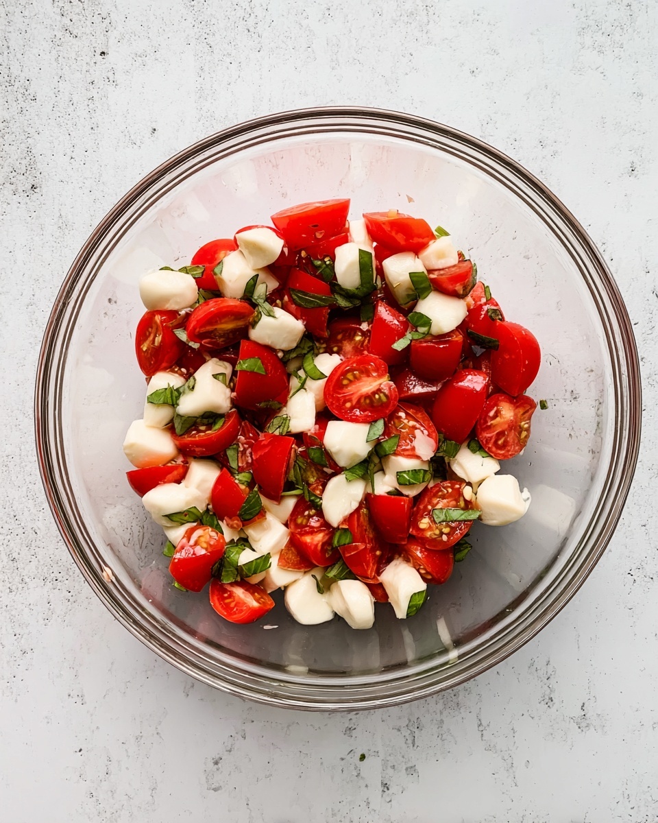 A clear glass bowl sits on a white marbled surface, filled with a mixture of red cherry tomato halves, small white mozzarella chunks, and thin green basil strips. The ingredients are mixed evenly inside the bowl, showing fresh and bright colors with the red tomatoes, white cheese, and green basil all distinctly visible. The bowl is seen from above, highlighting the fresh, simple salad ingredients in a clean, natural arrangement. Photo taken with an iphone --ar 4:5 --v 7