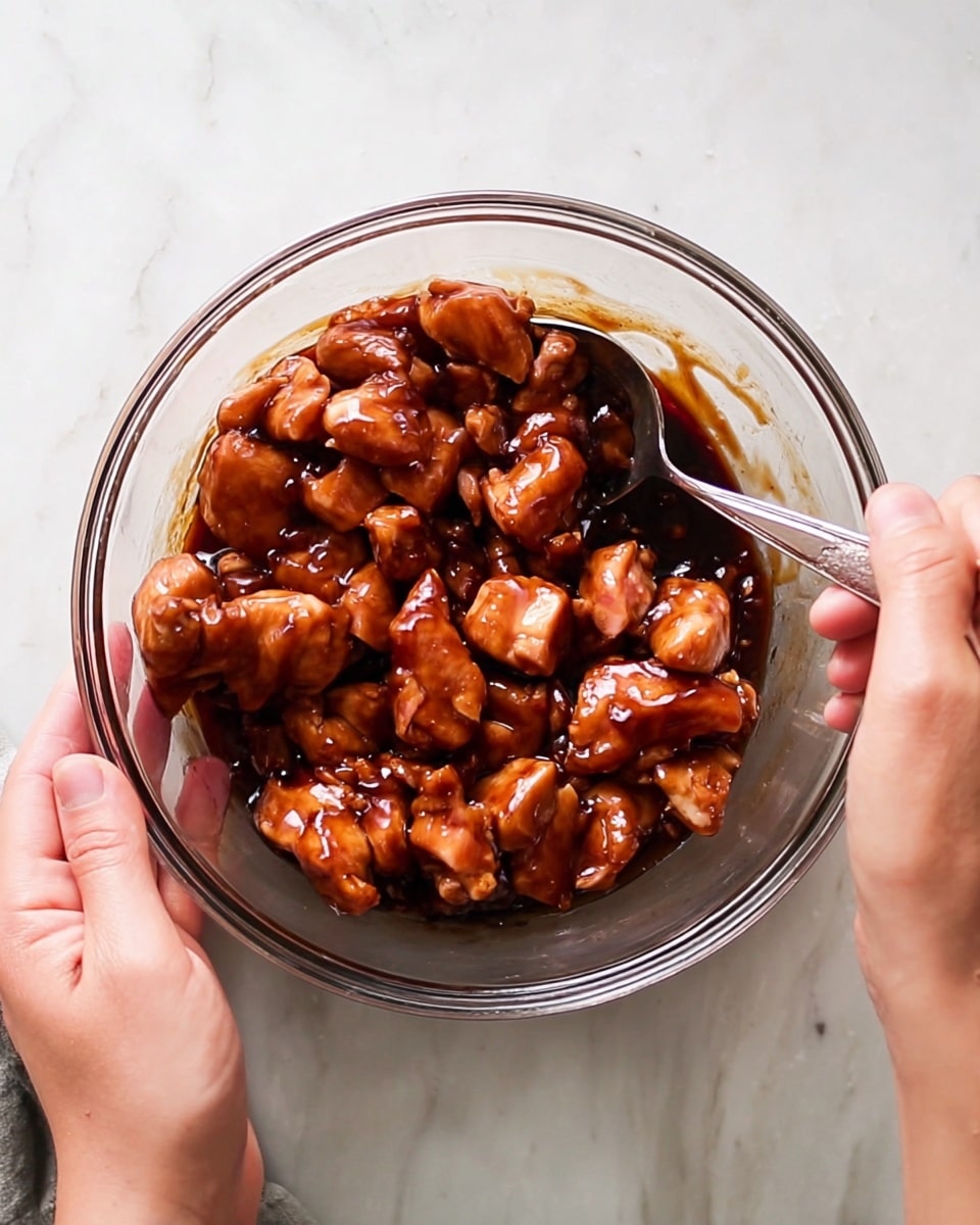 A clear glass bowl is held by two woman's hands over a white marbled surface, filled with several pieces of raw chicken coated in a dark brown sauce that looks shiny and thick. A silver spoon rests inside the bowl on the right side, partially submerged in the sauce and chicken. The chicken pieces vary in size and shape but are mostly small chunks distributed evenly throughout the bowl. The overall look is glossy with rich brown colors from the sauce covering the pinkish chicken meat photo taken with an iphone --ar 4:5 --v 7