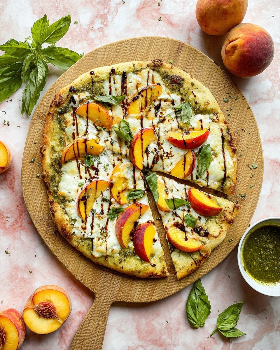 A round pizza with a light golden crust sits on a wooden board, topped with a green pesto layer spread evenly across the base. On top of the pesto, there is melted white cheese with soft texture, scattered in small patches. Thin slices of bright orange and red peaches are placed all over the pizza, creating a colorful contrast. Drizzled in thin, dark brown lines, there is a balsamic glaze across the pizza's top. Fresh green basil leaves are sprinkled over the pizza, adding specks of vibrant green. The pizza board rests on a white marbled surface with fresh basil leaves scattered around, along with two peaches and a small cup of green pesto. Photo taken with an iphone --ar 4:5 --v 7