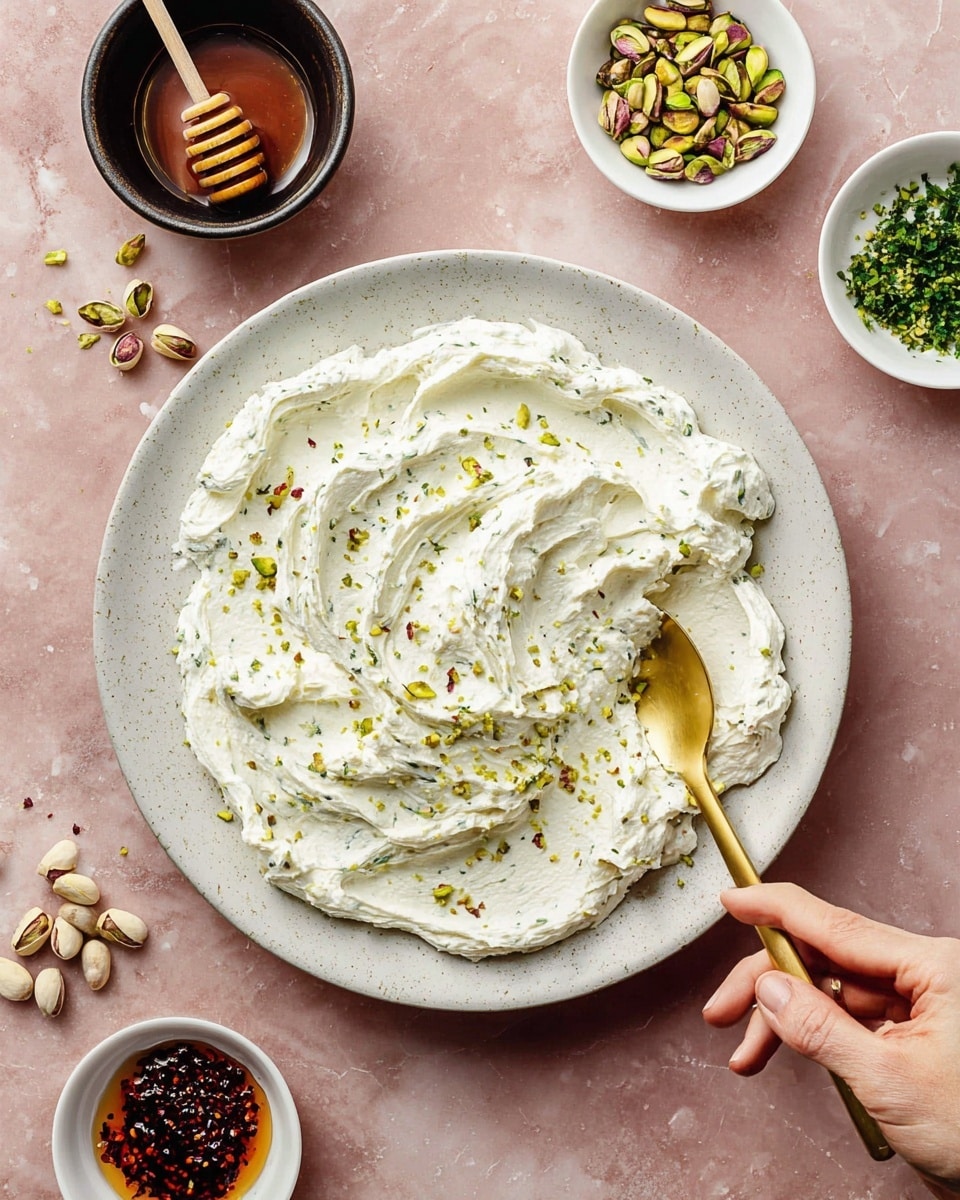 A white bowl filled with a thick layer of creamy white cheese spread with green herb flecks, spread unevenly in soft peaks across the surface of the bowl, with a golden spoon held by a woman's hand smoothing the cheese on the right side. Around the bowl, small white dishes hold different toppings: chopped green pistachios at the top right, finely chopped green herbs at the bottom right, dark red chili oil with seeds at the bottom left, and whole pistachio nuts scattered near the top center. A small dark bowl with honey and a honey dipper sits in the top left corner. The entire setup is on a white marbled textured surface photo taken with an iphone --ar 4:5 --v 7
