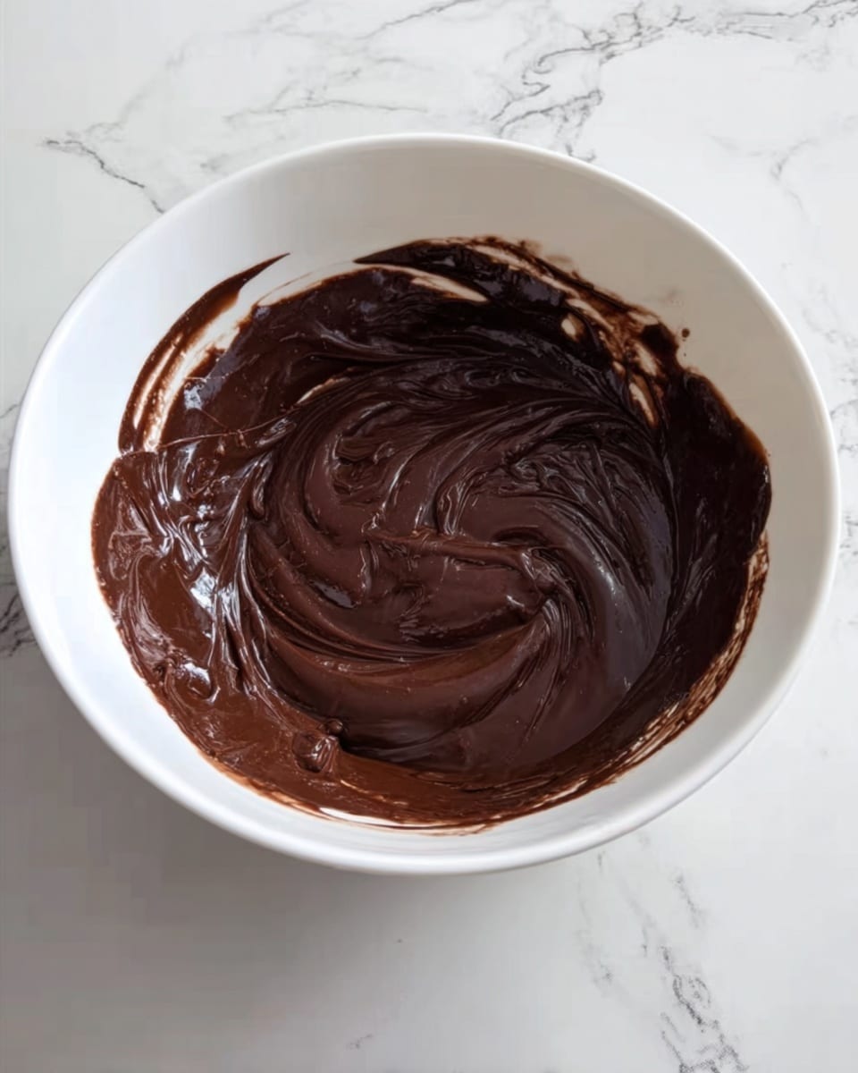 A white bowl filled with a thick, dark brown chocolate mixture. The chocolate has a smooth, glossy texture and covers most of the bottom of the bowl. The surface of the chocolate shows swirling patterns from stirring, with some parts slightly raised and some parts flattened. The bowl is placed on a white marbled surface. photo taken with an iphone --ar 4:5 --v 7