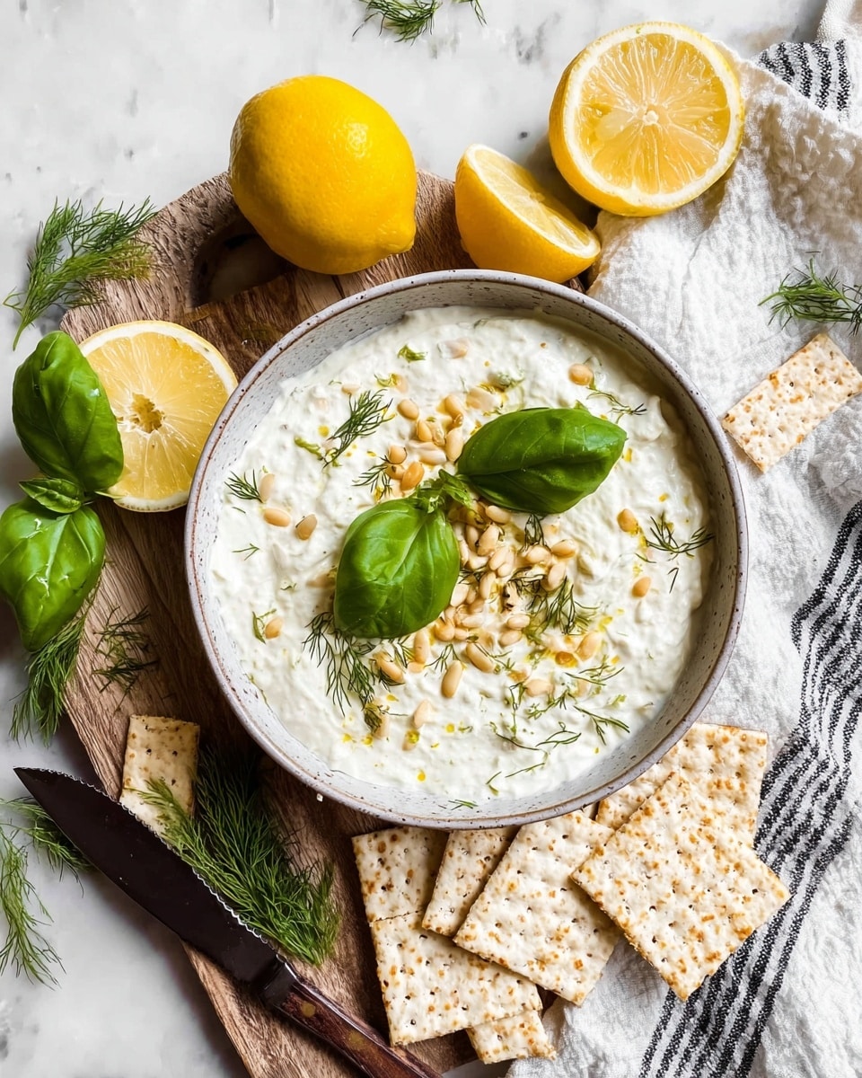 The image shows a bowl of creamy white dip with a smooth and slightly thick texture, topped with small pine nuts that add a light tan color and a few green dill sprigs scattered on top. There are three bright green basil leaves placed on the dip, one in the center and two on the sides. Around the bowl, there are two lemon slices with a vibrant yellow color and a half lemon placed on a white marbled surface. Next to the bowl, three square puffed rice crackers with a light beige color are arranged beautifully. A white and black striped cloth is partly visible under the bowl and some dill leaves are scattered around for decoration. Nearby is a dark-handled knife resting on a wooden board. The overall image has a fresh and natural feel with soft lighting. photo taken with an iphone --ar 4:5 --v 7