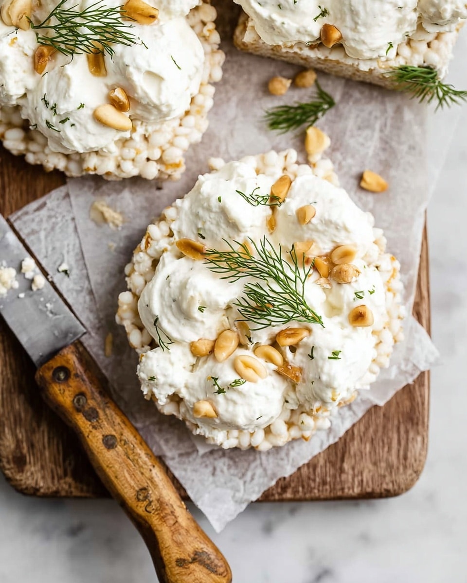 The image shows a close-up of a crisp rice cake topped with several dollops of white creamy spread. On top of the spread, there are small green dill sprigs and light brown pine nuts sprinkled evenly. The rice cake has a textured surface with puffed white grains. The setting includes a rustic wooden board underneath the rice cake and a wooden-handled knife placed to the side on a white marbled surface. Photo taken with an iphone --ar 4:5 --v 7
