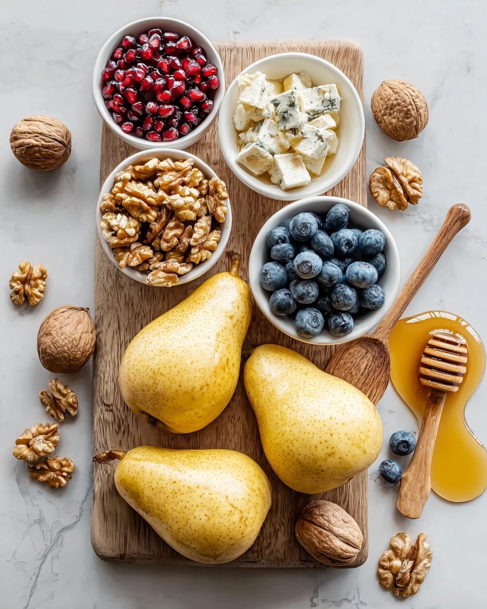 The image shows a wooden board on a white marbled surface with three yellow pears in the center, each with a smooth, slightly speckled skin. Around the pears, there are five small white bowls arranged in a loose circle: one with large walnut pieces, another with blueberries, a third with pomegranate seeds, a fourth with blue cheese chunks, and a fifth filled with honey, holding a wooden honey dipper resting inside. Two whole walnuts are placed on the white marbled surface beside the board, and a wooden spoon with some honey on it lies to the right of the board, with a small honey spill nearby. The setup has a clean, fresh look with earthy and bright colors. photo taken with an iphone --ar 4:5 --v 7