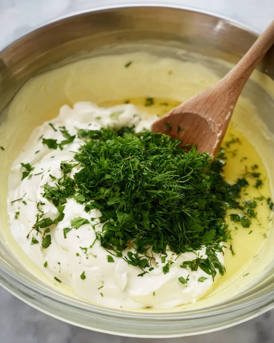 A close-up view of a bowl with layers of different ingredients starting with a pale yellow thick liquid at the bottom, topped with a white creamy layer that looks soft and smooth. On top of the white cream, there is a pile of fresh chopped green herbs concentrated in the center. A wooden spoon is placed across the mixture, partially stirring the layers. The bowl itself is clear, showing all the layers inside, and the surface beneath is a white marbled texture photo taken with an iphone --ar 4:5 --v 7