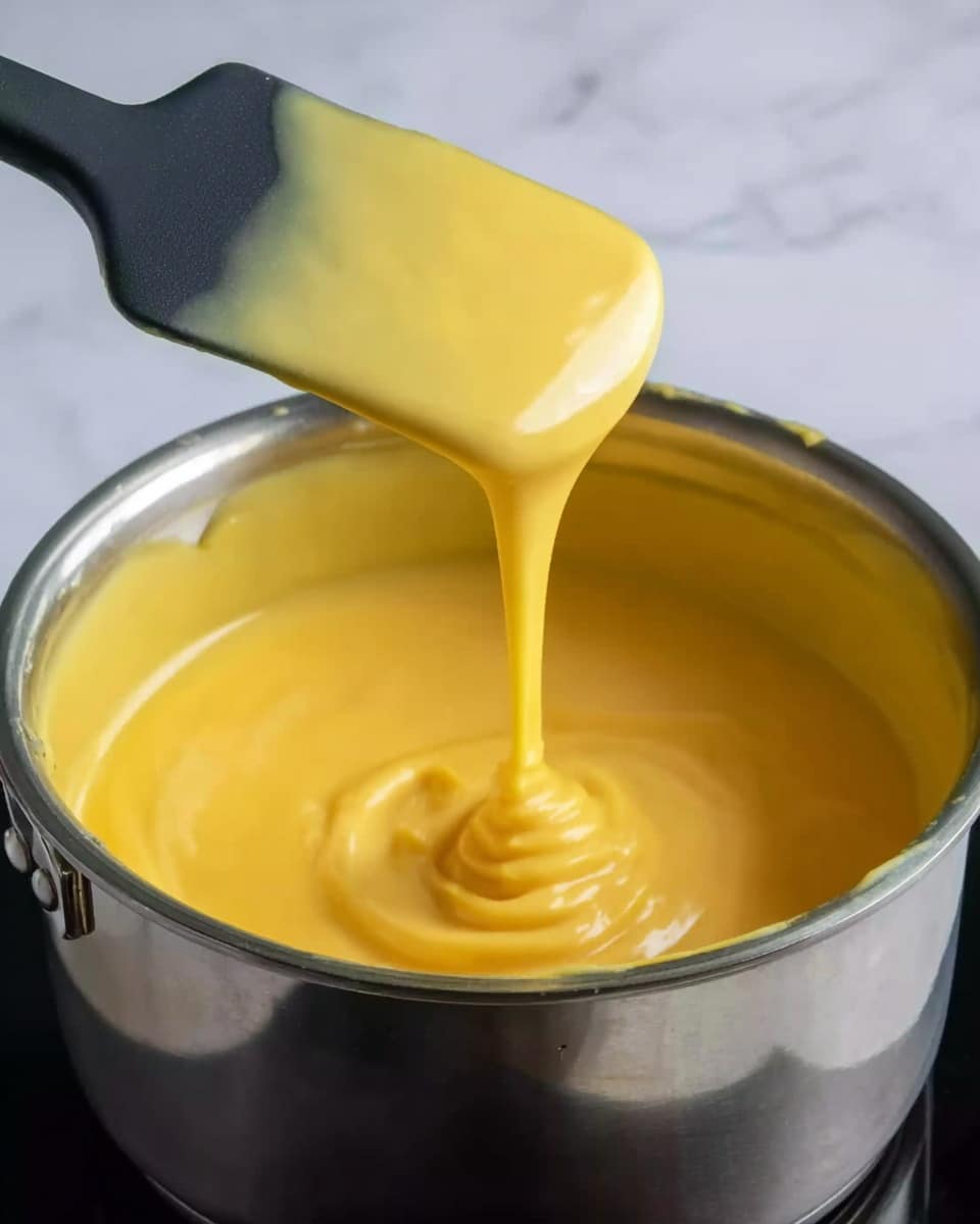 A close-up of a shiny metal pot filled with thick, smooth, yellow sauce inside, with a black spatula lifting some sauce that slowly drips back into the pot, showing the creamy texture. The background is a white marbled surface. The photo is clear and bright, highlighting the sauce's rich and soft look. photo taken with an iphone --ar 4:5 --v 7