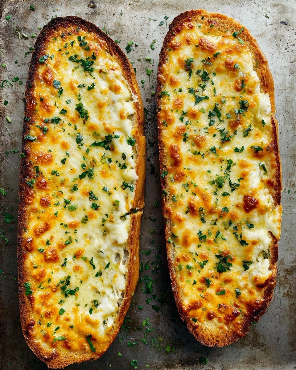 The image shows two long slices of toasted bread placed side by side on a textured metal surface. Each slice has a golden-brown toasted base layer, topped with a thick, melted cheese layer that is bubbly and slightly browned in spots, with a mix of yellow and white cheese. Small pieces of green herbs are sprinkled over the cheese, adding color contrast and freshness. The edges of the bread are crisp and golden, and the cheese stretches slightly to the edges, giving a rich, warm, and hearty look. photo taken with an iphone --ar 4:5 --v 7