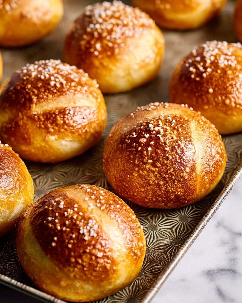 The image shows nine round, golden brown pretzel rolls with a shiny crust sprinkled with coarse salt on top. The rolls have light cracks and a slightly uneven surface, showing a soft texture inside. They are arranged in rows on a patterned metal baking tray that has a subtle geometric design. The tray sits on a white marbled surface, and soft natural light highlights the warm colors and textures of the rolls. Photo taken with an iphone --ar 4:5 --v 7