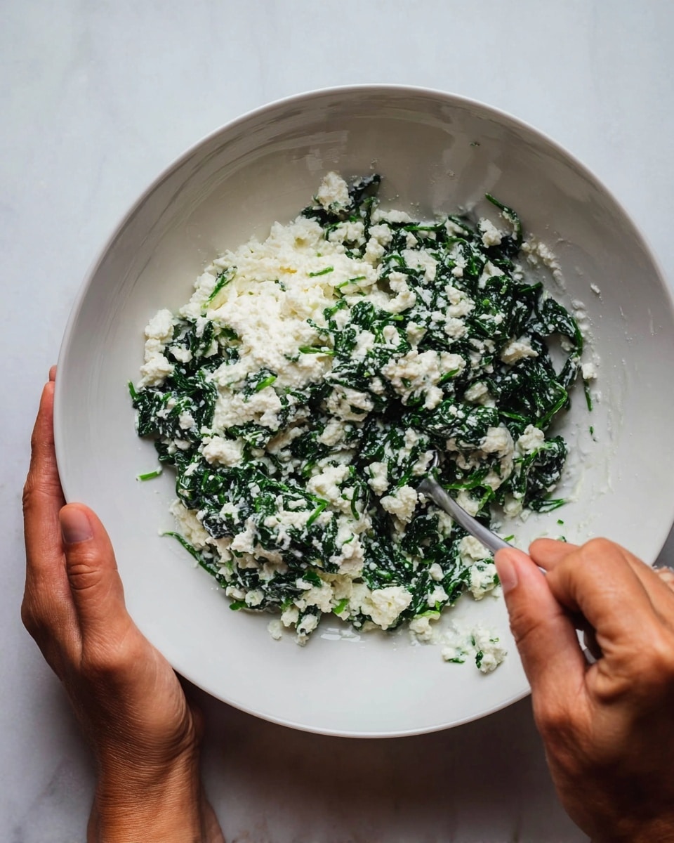 In a white bowl, there is a mixture with two main layers: a white, crumbly cheese and dark green leafy spinach, mixed together evenly. The cheese looks soft and slightly grainy, while the spinach appears cooked and finely chopped with a slightly shiny texture. A woman's hand is holding the bowl steady from the bottom left, showing natural skin tone, while another woman's hand is holding a silver spoon stirring the mixture on the right side. The bowl rests on a white marbled surface, and the light is soft, highlighting the textures of the cheese and spinach clearly. Photo taken with an iphone --ar 4:5 --v 7