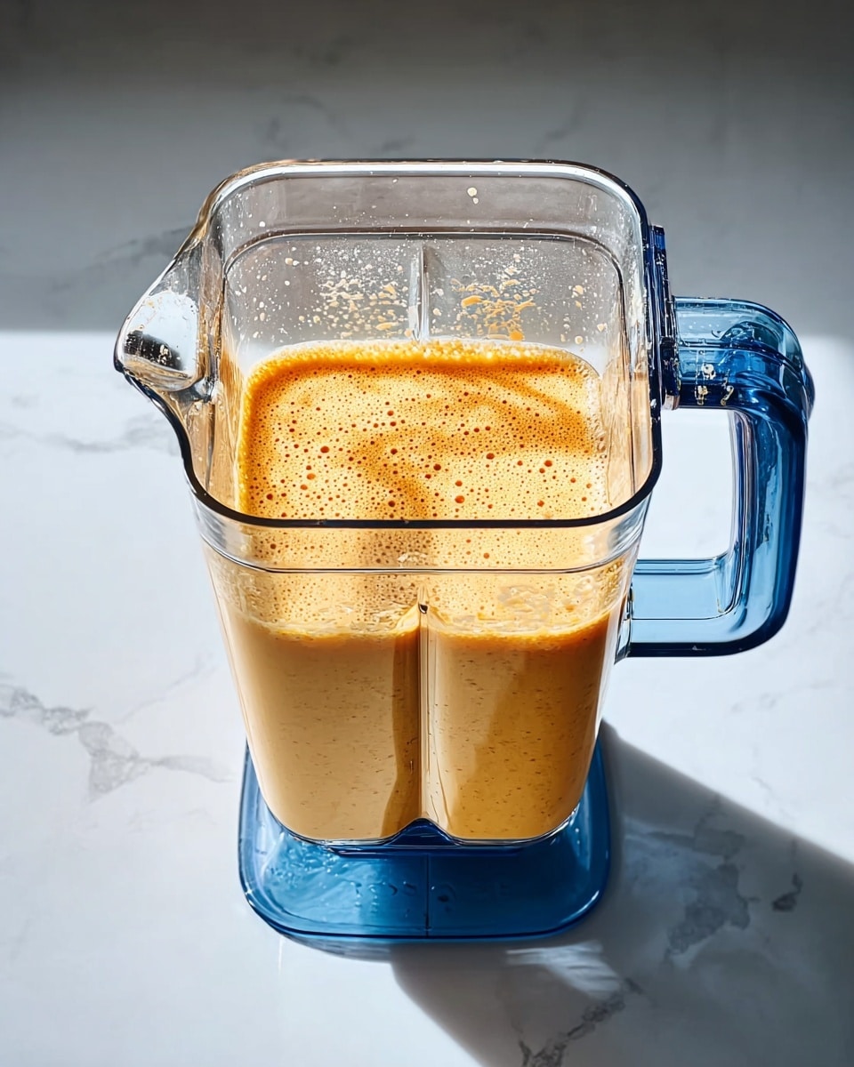 The image shows a clear blender jar with a blue handle filled halfway with a thick, frothy orange-yellow liquid that has small bubbles on the surface. The blender jar sits on a white marbled surface, and the light reflects softly on the liquid inside, highlighting its smooth texture and creamy consistency. photo taken with an iphone --ar 4:5 --v 7