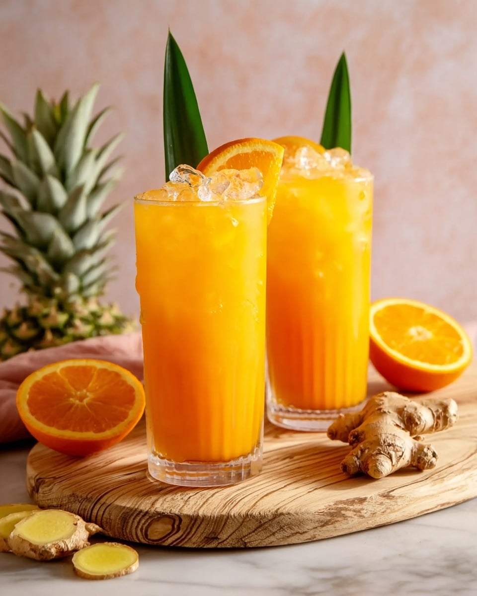 Two tall clear glasses with ridges are filled with bright orange juice and ice cubes. Each glass is topped with a round orange slice placed on the rim and two green pineapple leaves standing upright inside. The glasses sit on a light wood board with natural grain patterns, set on a white marbled surface. In the background, blurred orange halves and pieces of ginger root add a natural touch. Photo taken with an iphone --ar 4:5 --v 7