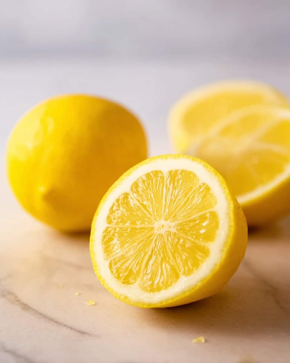 The image shows three pieces of yellow lemon placed on a white marbled surface. One lemon is whole and out of focus in the front, while two lemon halves are in focus behind it. The half cut on the right side stands upright, showing a detailed texture of juicy segments and a bright yellow rind. The half cut on the left side is lying down, showing the smooth outer skin and a bit of the pale interior. The lighting is soft, highlighting the freshness and moisture of the lemon pieces. photo taken with an iphone --ar 4:5 --v 7