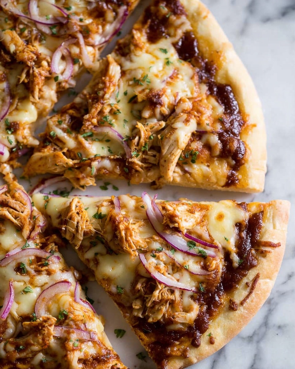 A round pizza with a light golden thick crust forms the base layer. On top, a layer of melted white cheese covers most of the surface except the edges, with some melted brown sauce drizzled unevenly. Scattered over the cheese are medium-sized pieces of cooked shredded chicken in a light brown-red tint. Thin slices of purple-red onion and small bits of green herb are sprinkled across the pizza, adding color contrast. The pizza is placed on a white marbled surface. photo taken with an iphone --ar 4:5 --v 7