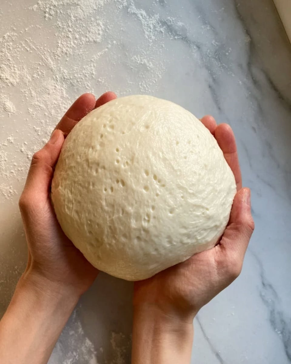 Two woman's hands hold a smooth, pale dough ball over a white marbled surface. The dough looks soft and slightly shiny with small bubbles on the top, showing its stretchiness. The lighting is natural and bright, making the dough’s texture clear. Photo taken with an iphone --ar 4:5 --v 7