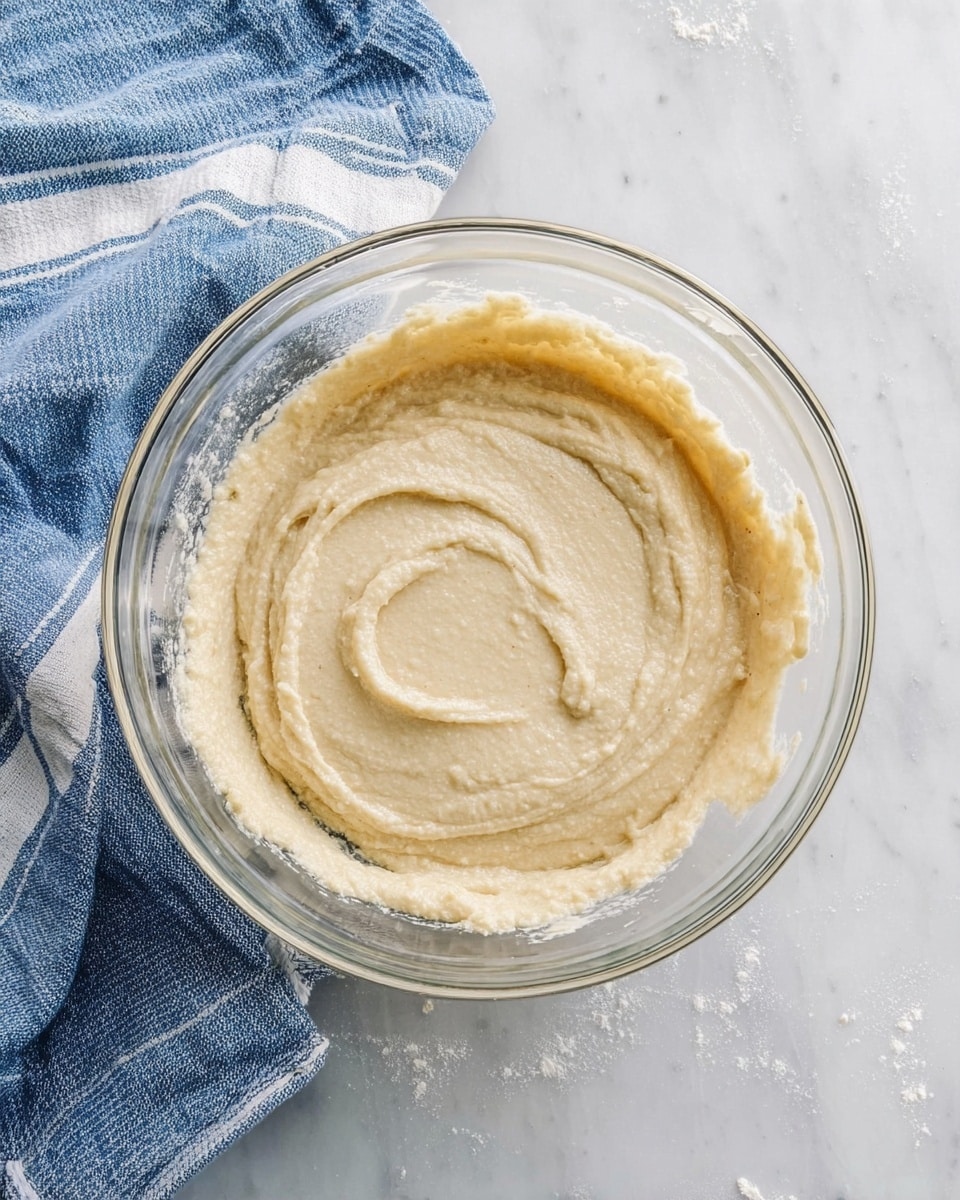 A clear glass bowl filled with a smooth, light beige batter with a creamy texture that is evenly spread inside the bowl, creating gentle swirls on the top. The bowl is placed on a white marbled surface next to a folded blue cloth with white stripes. Some batter remnants are visible on the surface near the bowl. photo taken with an iphone --ar 4:5 --v 7