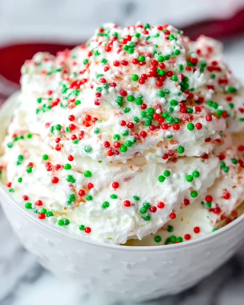 The image shows a close-up of a white creamy dessert layered in a white bowl, almost overflowing. The dessert has at least two thick layers of fluffy white cream, each sprinkled generously with tiny red, green, and white round sprinkles that give a festive look. The texture of the cream looks soft and smooth with a slightly whipped appearance. The white bowl sits on a white marbled surface, adding a bright and clean background contrast. The image highlights the colorful sprinkles distributed evenly across the dessert's surface and edges. Photo taken with an iphone --ar 4:5 --v 7