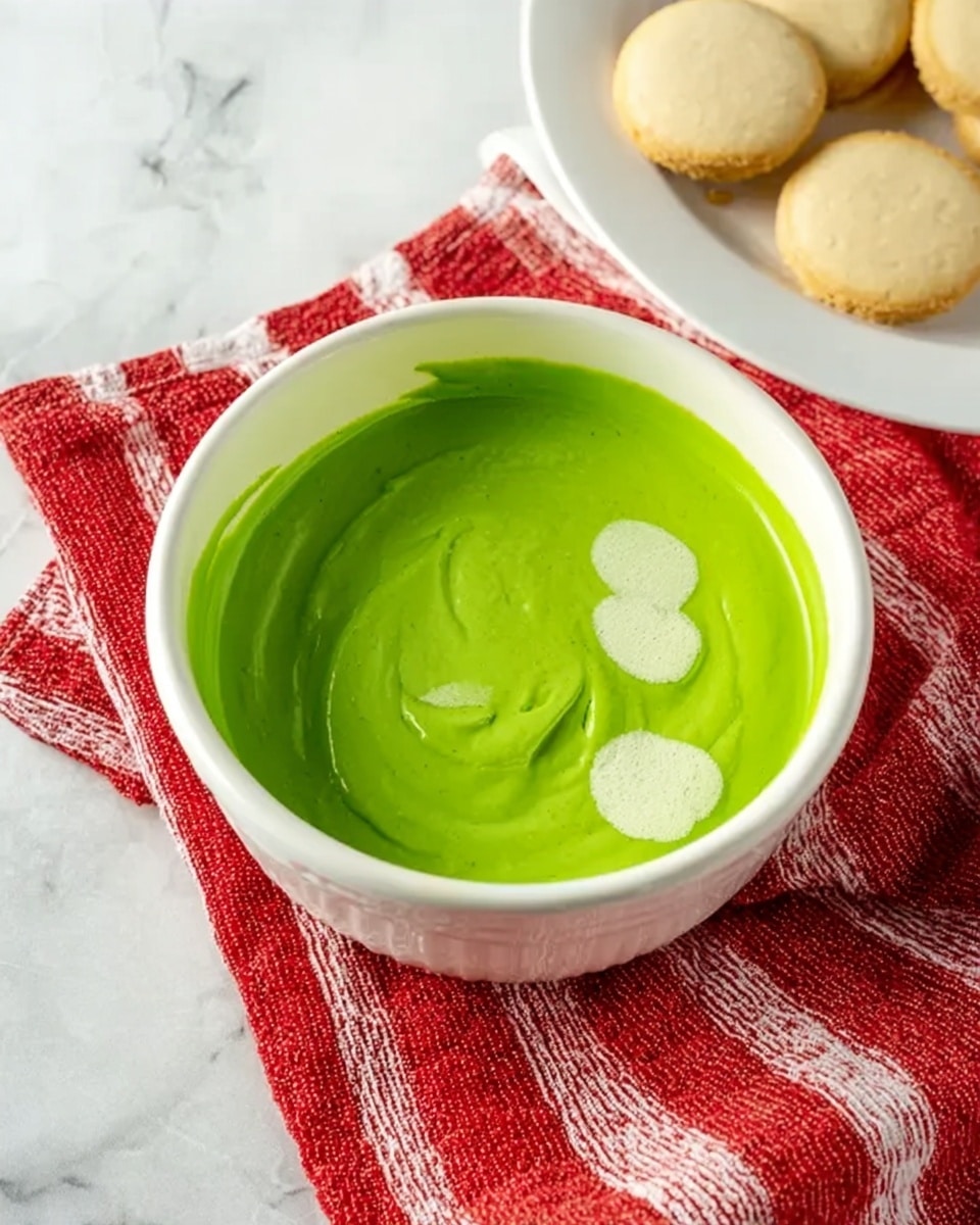 A white bowl filled with smooth, bright green mixture with a few white dollops on its surface, placed on a red and white striped cloth, next to a white plate holding small round beige cookies, all set on a white marbled surface photo taken with an iphone --ar 4:5 --v 7