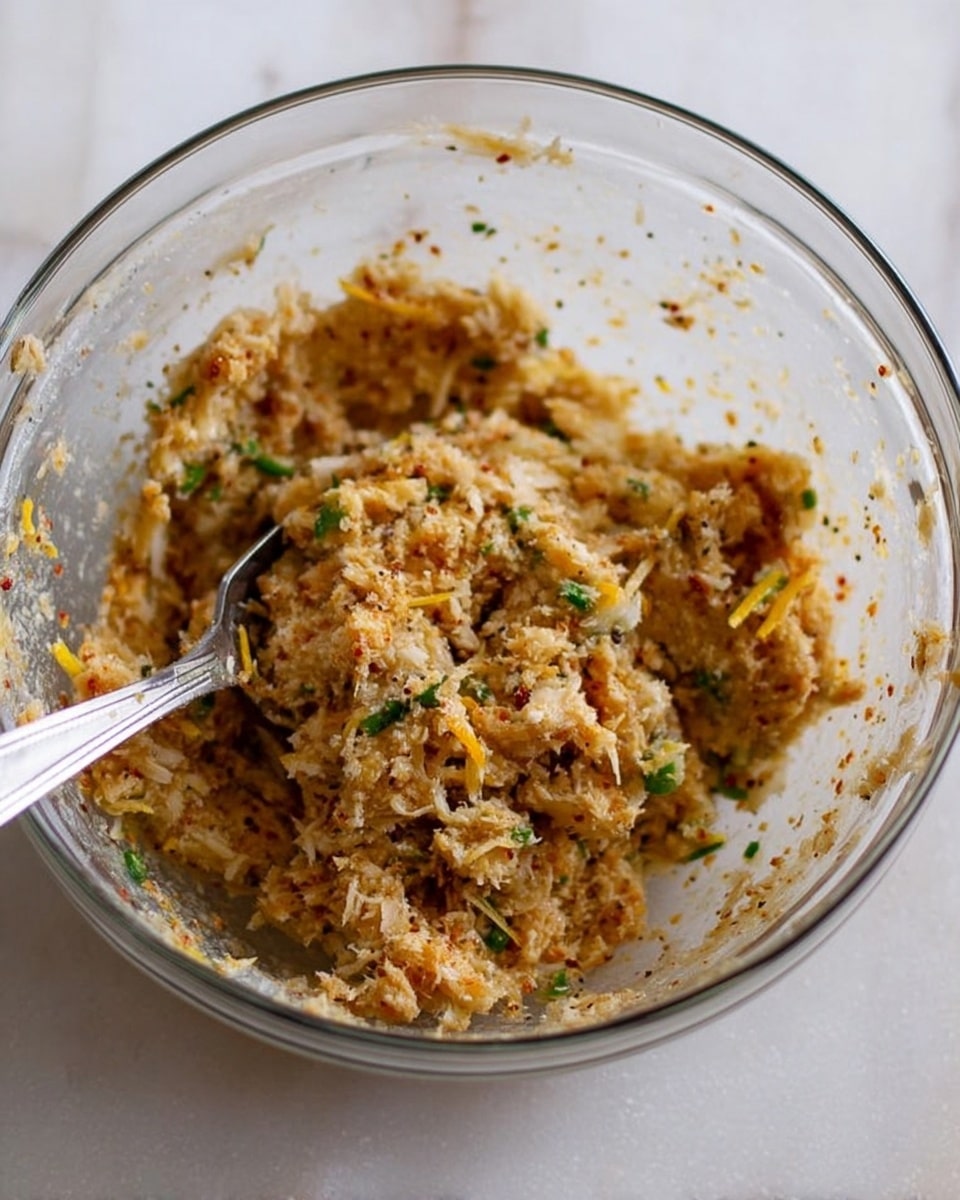 A clear glass bowl filled with a mix of shredded light brown and white ingredients, with visible small green pieces and a few thin yellow strips, resting on a white marbled surface. A silver spoon is partially immersed in the mixture on the left side within the bowl. The texture looks soft and slightly chunky, with some orange and dark seasoning bits scattered throughout. photo taken with an iphone --ar 4:5 --v 7