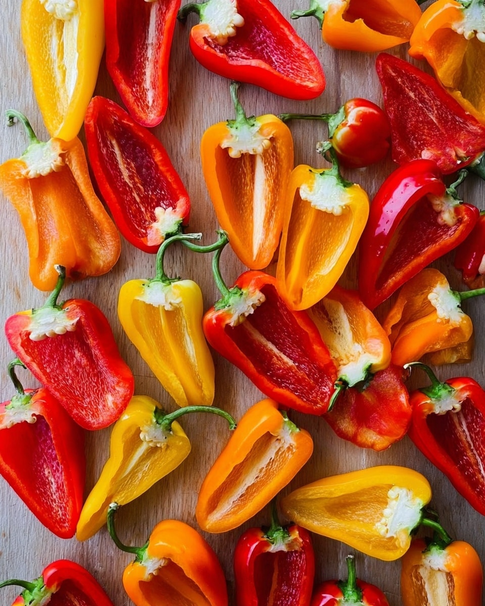 The image shows many halved mini bell peppers scattered over a light wooden surface, each cut open to reveal their smooth interiors and seeds. The peppers come in three colors: bright red, yellow, and orange, creating a colorful mix. The inner flesh is glossy and wet, contrasting with the matte outer skin. The green stems remain attached to many halves, adding a fresh touch. The peppers are arranged randomly but cover nearly the entire surface. Photo taken with an iphone --ar 4:5 --v 7