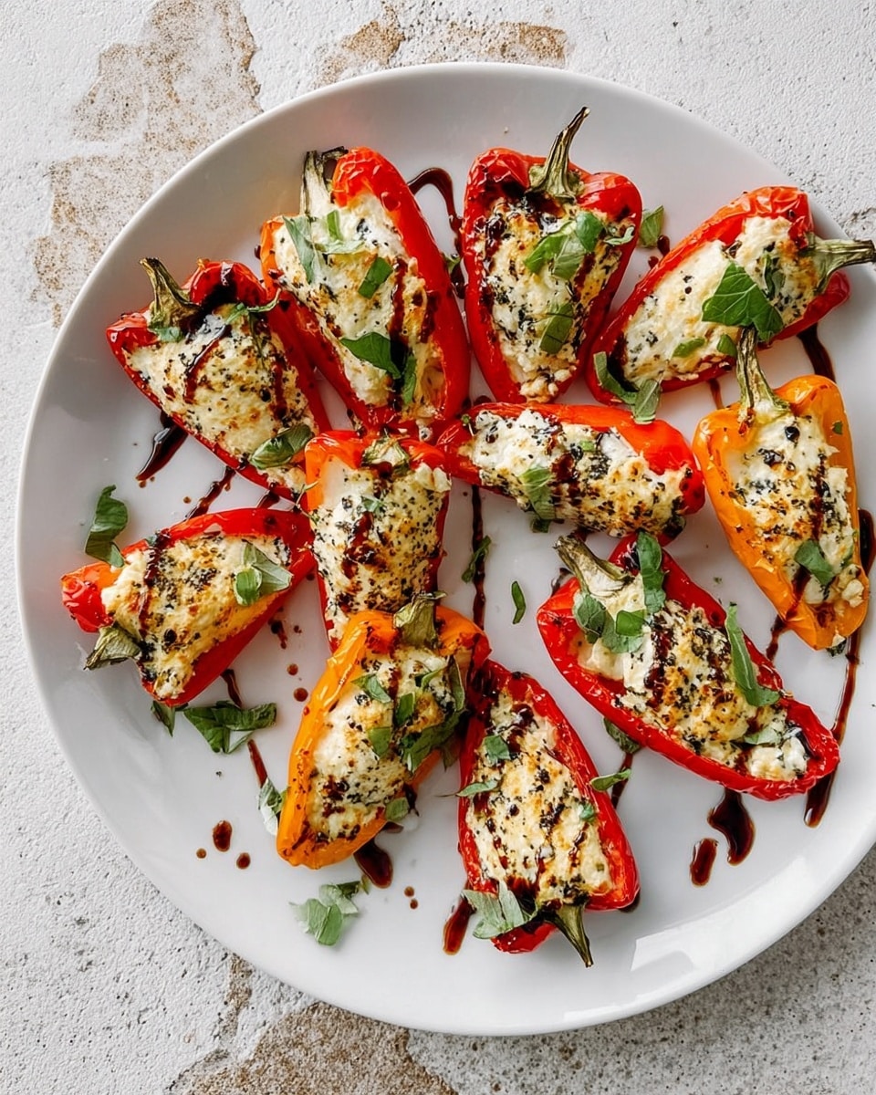 The image shows several red and orange pepper halves laid out on a white marbled surface. Each pepper half is filled with a white creamy cheese layer, topped with specks of dark balsamic glaze that drips slightly onto the marbled background. Fresh green herb sprigs are scattered on top of the cheese in each pepper half, adding a touch of color contrast. The peppers appear roasted, with slightly wrinkled skin and a soft texture. Small bits of black pepper seasoning and garlic slices are visible around the peppers, enhancing the rustic look. photo taken with an iphone --ar 4:5 --v 7