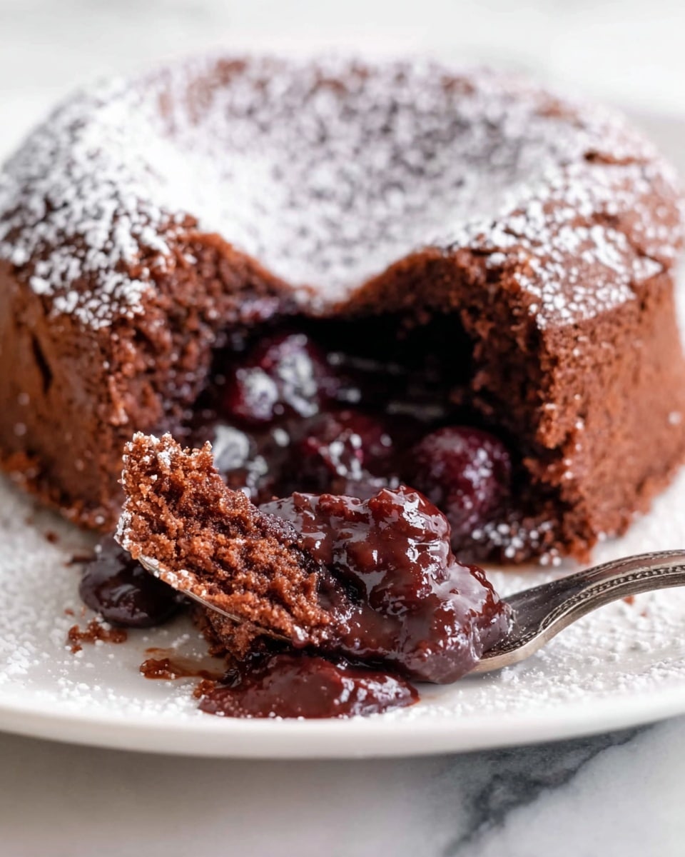The image shows a chocolate cake with one slice removed, revealing a rich, dark chocolate filling inside. The cake has a single thick layer with a soft, moist texture and a slightly cracked top dusted with powdered sugar. Inside, the filling looks shiny and smooth, pooling around in dark, rich tones. The cake sits on a white plate with a shiny metal fork holding a piece of the cake and filling close to the camera. The background is a white marbled surface. Photo taken with an iphone --ar 4:5 --v 7