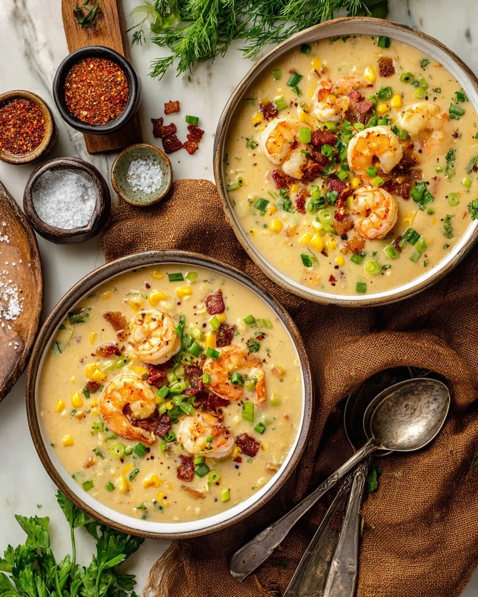 Two bowls of creamy shrimp chowder sit on a white marbled surface, each filled with a thick, light yellow soup base dotted with corn kernels and herbs. On top of the chowder, there are several pinkish-orange cooked shrimp, sprinkled with chopped green onions and small pieces of crispy bacon. Around the bowls, there are rustic silver spoons, small bowls containing salt and red seasoning, and fresh green herbs scattered on a brown cloth. The bowls themselves are white with a subtle brown rim. Photo taken with an iphone --ar 4:5 --v 7