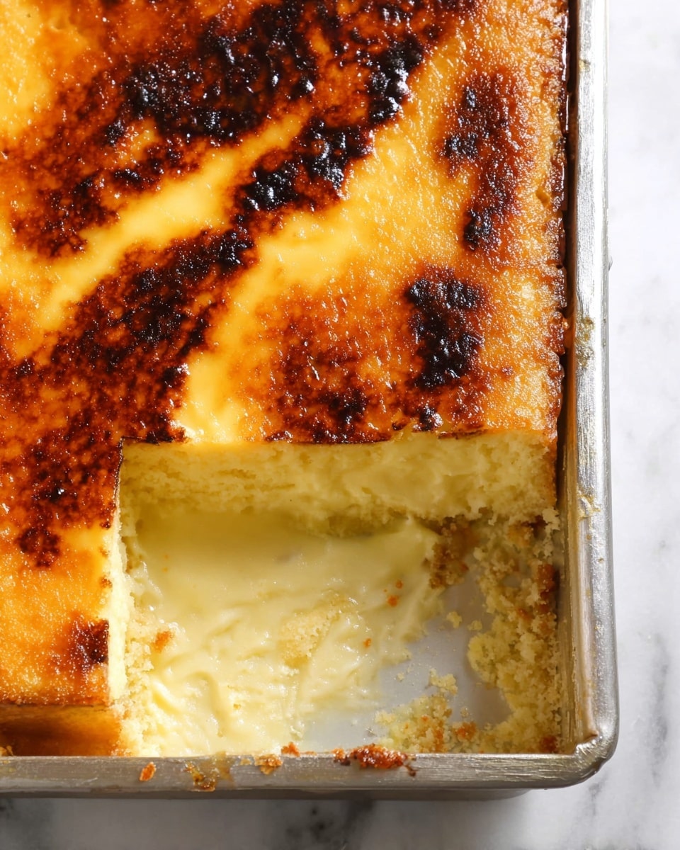 A rectangular baked dessert in a metal pan resting on a white marbled surface, featuring two visible layers: the bottom is a light golden, slightly crumbly cake base, and the top is a thick, creamy yellow custard layer with a darker, caramelized brown surface showing irregular spots and streaks. A section has been removed from one corner, revealing the clear separation between the soft custard and the firm cake underneath with some crumbs scattered inside the pan. The edges of the pan show bits of baked custard clinging to the sides. Photo taken with an iphone --ar 4:5 --v 7