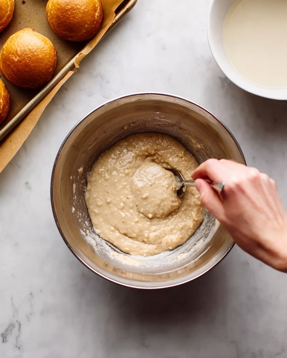 A close-up image shows a woman's hand holding a spoon, stirring a light beige thick batter inside a shiny metal bowl. The bowl sits on a white marbled surface, beside a large white bowl with some liquid inside, and a baking sheet with three golden brown baked buns partially visible at the top left corner of the image. The textures in the batter look soft and smooth, with small lumps. The lighting is soft and natural, highlighting the smooth metal and the creamy mixture photo taken with an iphone --ar 4:5 --v 7