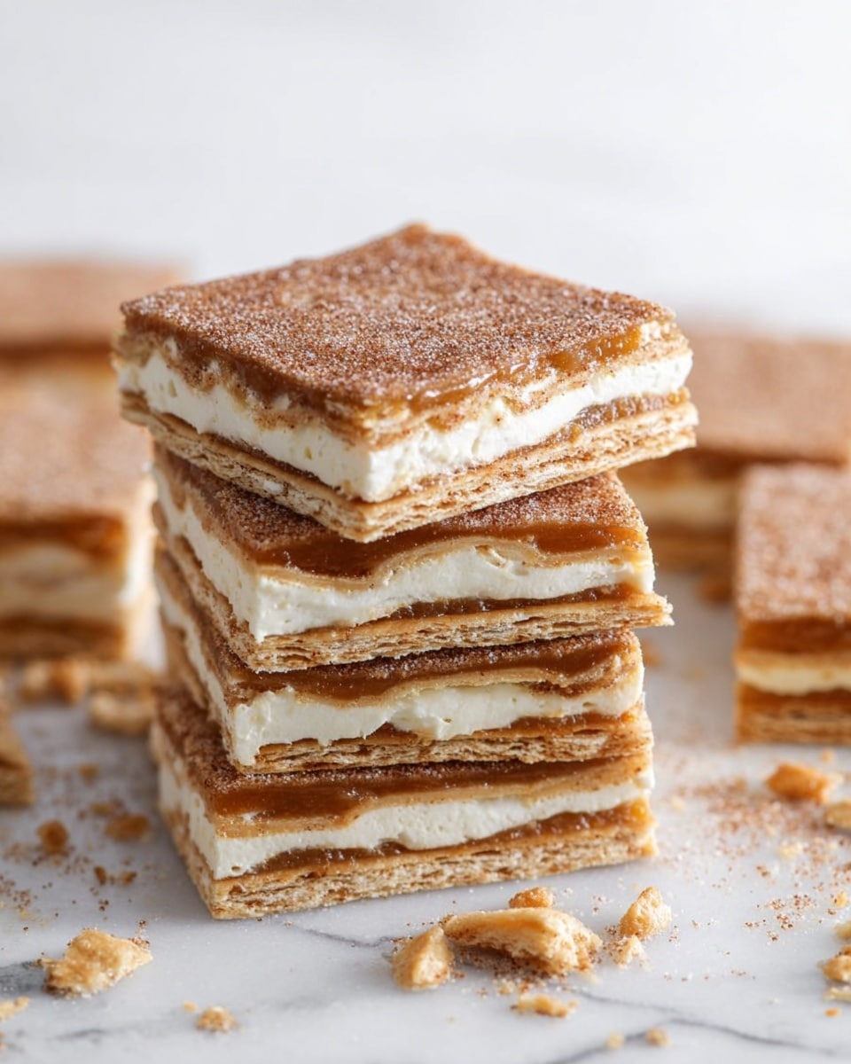 This image shows a stack of three square layered dessert bars on a white plate, sitting on a white marbled surface. Each bar has three layers: a thin, light golden-brown crispy base, a thick middle creamy white layer, and a shiny caramel-colored top layer with a slightly bubbly texture. The top layers have a light dusting of powdered sugar that adds a soft white contrast. The bars look slightly crumbly around the edges, with some crumbs scattered on the plate. In the blurred background, there are more bars visible on a white plate. The photo taken with an iphone --ar 4:5 --v 7