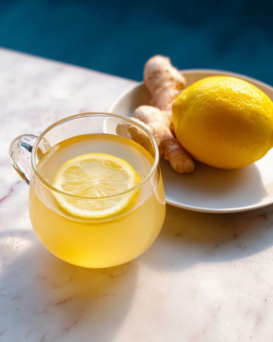 A clear glass cup filled with pale yellow liquid with a thin lemon slice floating on top, placed on a white marbled surface. Next to the cup is a white plate holding a whole bright yellow lemon and a light brown piece of ginger root. The cup’s handle is visible on the left side. The lighting is soft and natural, emphasizing the smooth textures of the lemon and the liquid in the cup photo taken with an iphone --ar 4:5 --v 7