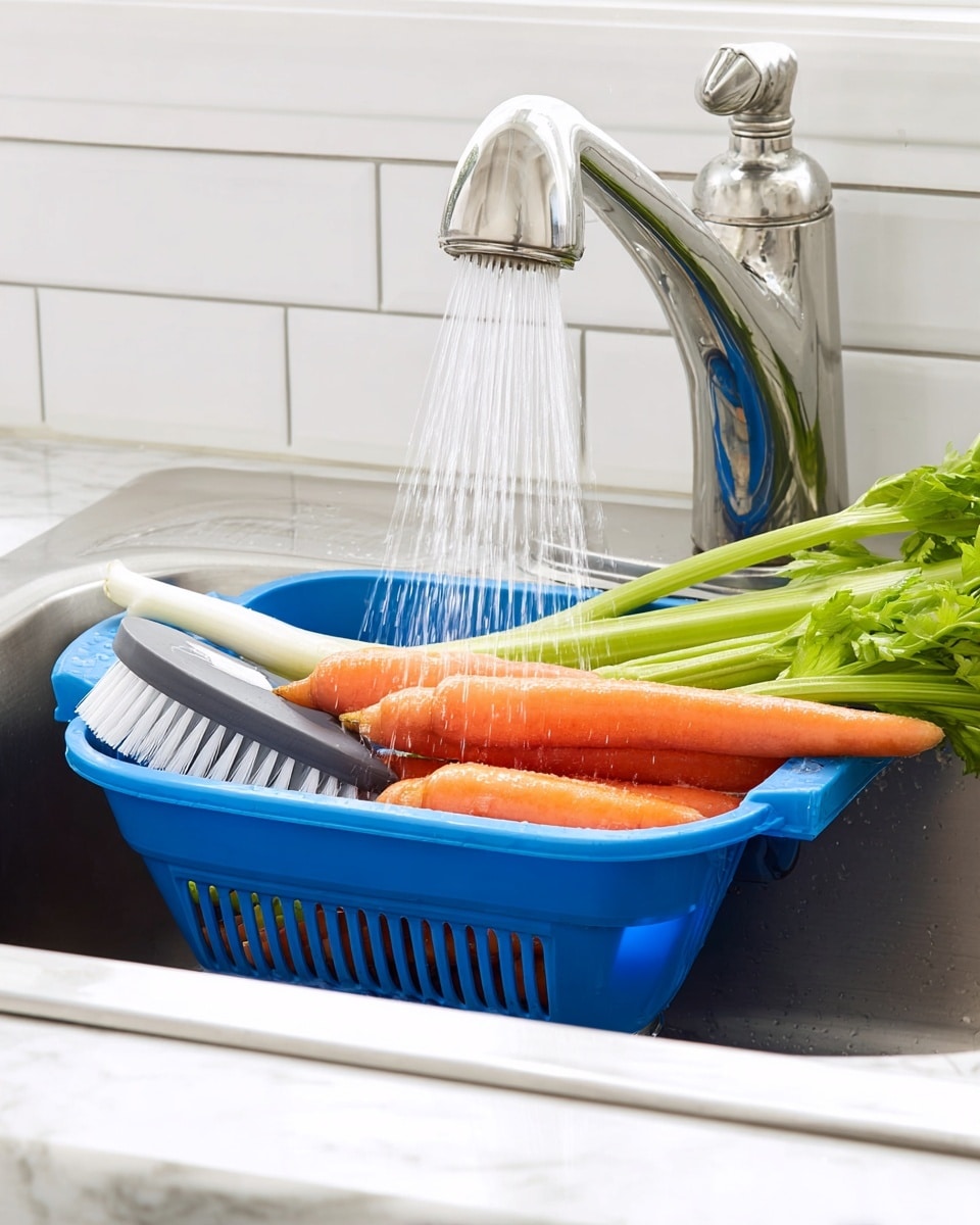 A blue collapsible basket placed inside a kitchen sink with a shiny silver faucet above it is shown. Inside the basket, there are bright orange carrots and long green celery stalks. A vegetable brush with black bristles and a gray handle rests on top of the carrots. Water sprays gently from the faucet onto the vegetables, creating a fresh wet look. The sink and surrounding counter are made of stainless steel, and the background features white subway tiles. The whole scene sits on a white marbled texture. photo taken with an iphone --ar 4:5 --v 7