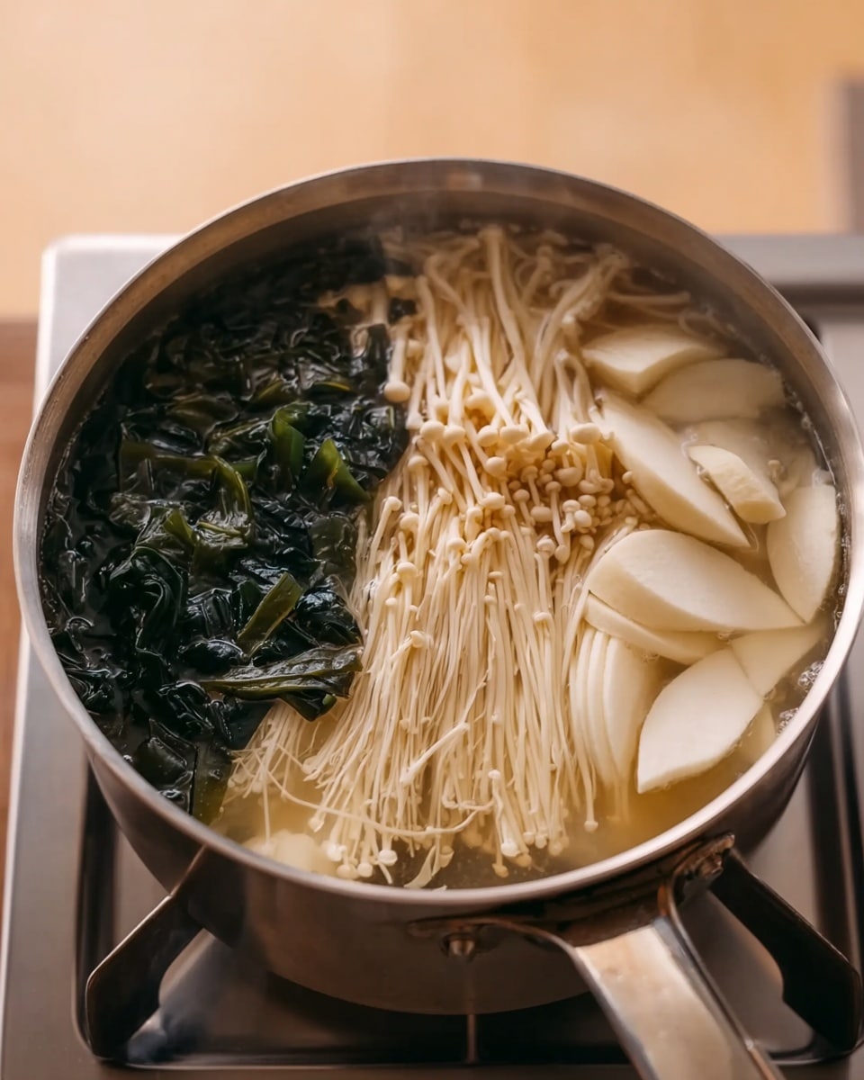 A shiny silver pot filled with light-colored broth with three main layers visible from top view: on the left side, there is a dark green seaweed layer with a wet and leafy texture, in the middle and right side, there are light beige enoki mushrooms with thin, long stems and small caps, and on the far right side, there are pale white radish slices cut into wedges, slightly submerged in the broth. The pot sits on a stove with a blurred soft beige background. The pot handle is slightly blurred but visible on the right side. Photo taken with an iphone --ar 4:5 --v 7