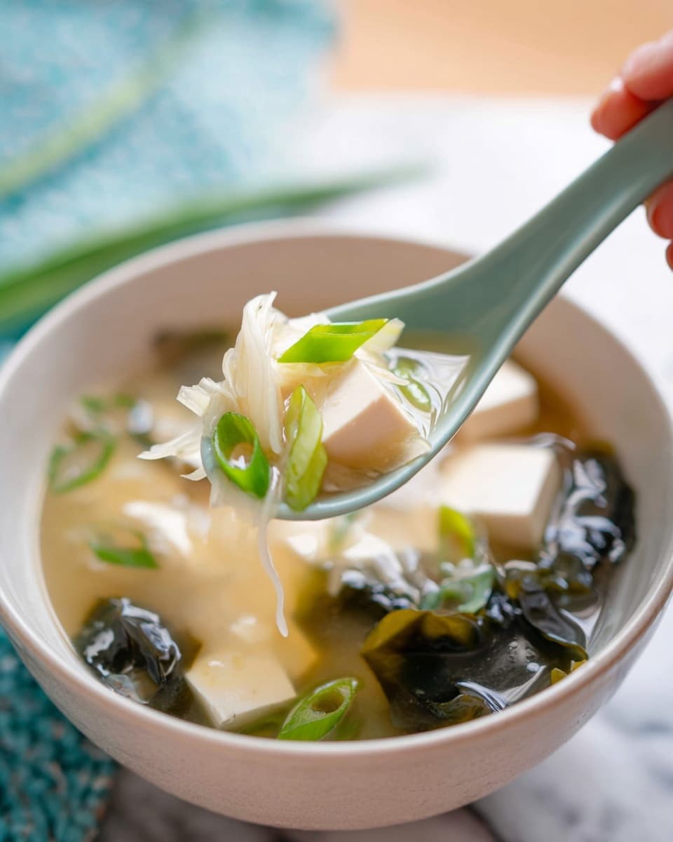 A close-up view of a yellow bowl filled with clear broth soup showing several layers: thin white sheets of tofu skin floating on top and submerged, dark green seaweed pieces spread across the broth, and a cluster of thin white enoki mushrooms partially submerged. On top, bright green sliced scallions are neatly placed in the center, adding a fresh touch. The bowl sits on a white marbled surface. Photo taken with an iphone --ar 4:5 --v 7