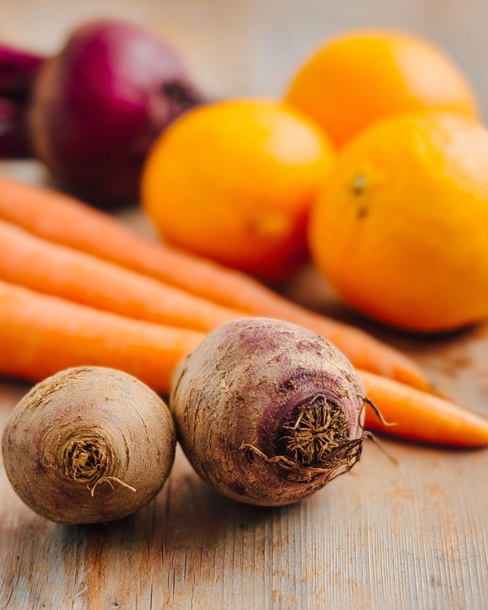 The image shows a close-up of fresh vegetables and fruits arranged on a wooden surface. In the front, there are two round, rough-textured brown beetroots with visible dried tops. Behind them, two bright orange carrots lay horizontally, partially blurred. Further back, three vibrant orange-colored oranges with textured skins are clustered together, slightly out of focus. The wooden surface has a natural, light texture and the background is softly blurred to keep attention on the produce. photo taken with an iphone --ar 4:5 --v 7