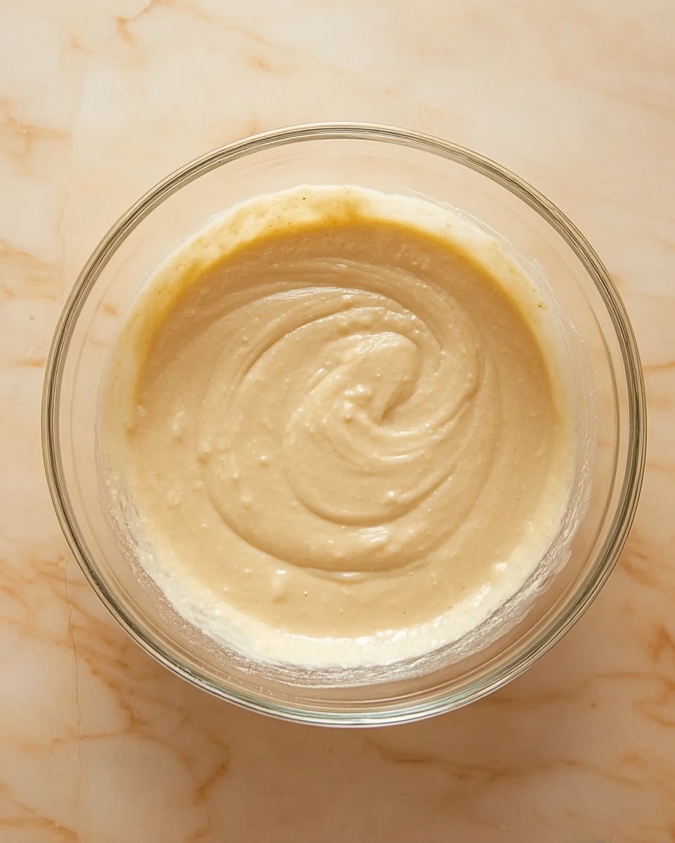 A clear glass bowl filled with smooth, light beige batter that has a creamy and slightly thick texture. The batter is swirled gently in the center, showing a soft, flowing pattern. The bowl is placed on a white marbled surface with a warm tone. The scene has a clean and simple look, focusing on the batter inside the bowl. photo taken with an iphone --ar 4:5 --v 7