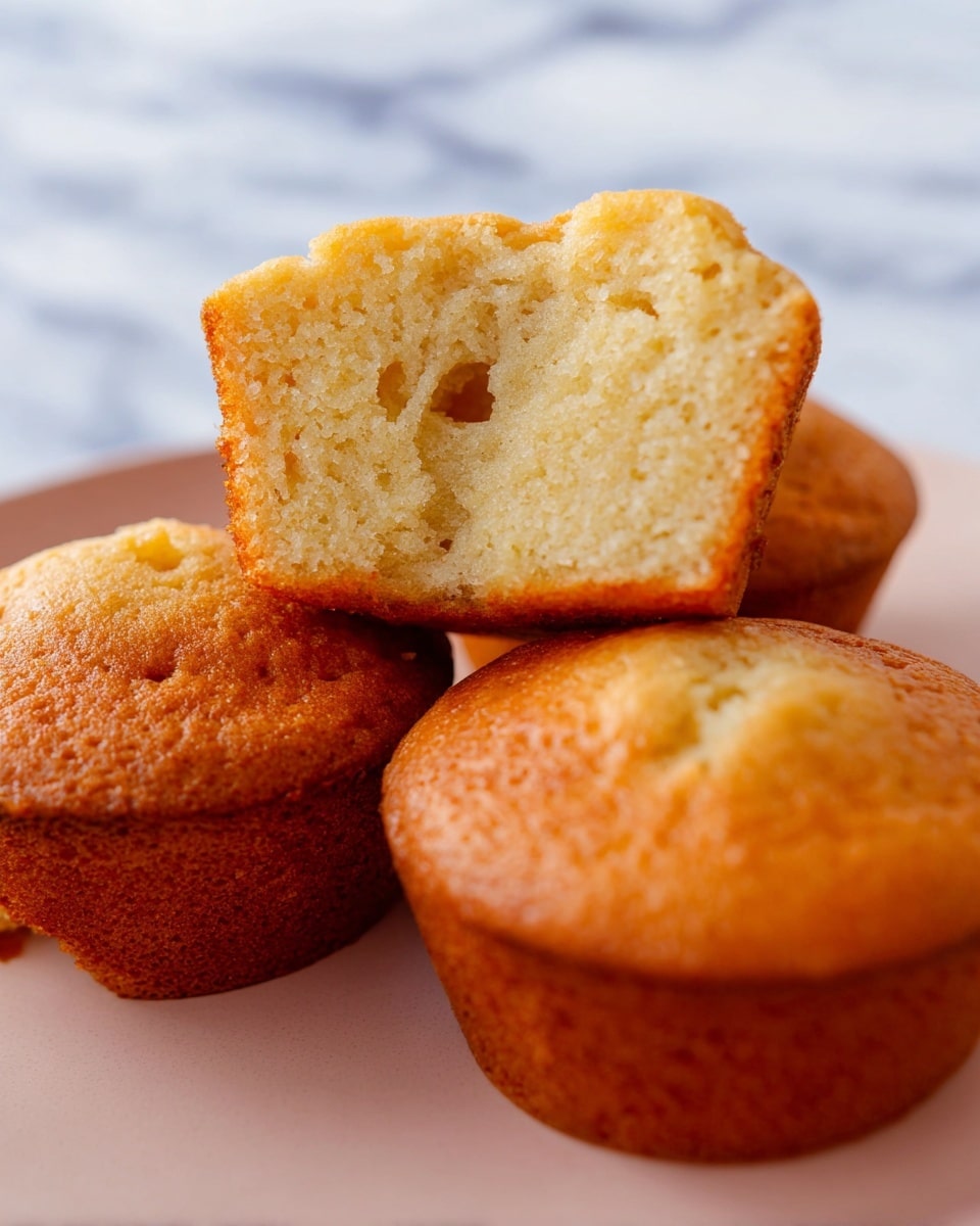 The image shows three small golden brown muffins on a white plate, arranged close together. One muffin is cut in half and placed on top of the other two, showing a soft, light yellow inside with a fine, moist texture and a few small air holes. The muffin tops are slightly rounded with a smooth and even surface. The background has a white marbled texture out of focus, making the muffins stand out clearly. photo taken with an iphone --ar 4:5 --v 7
